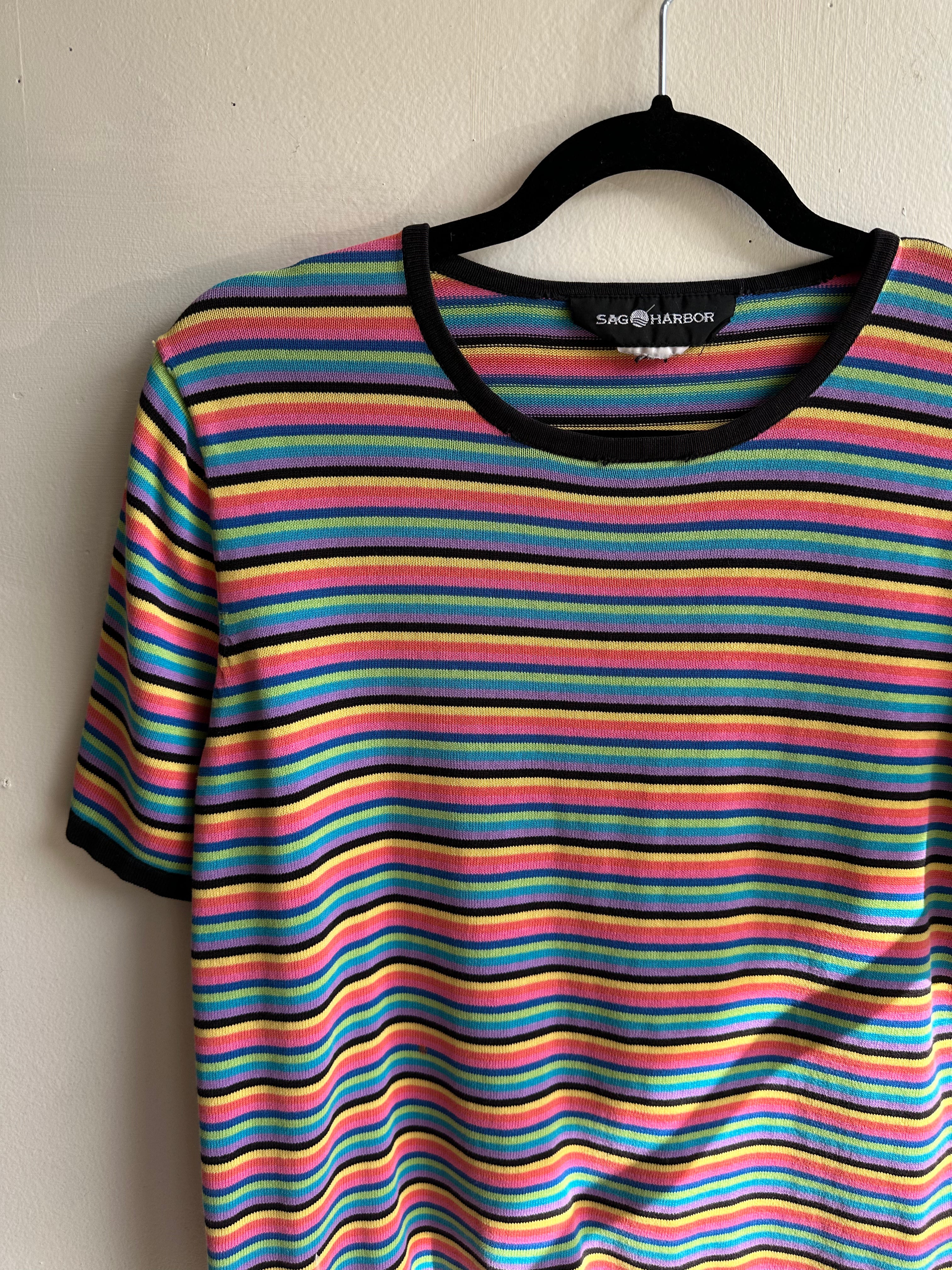 Vintage 90s Striped Colourful Knit T-Shirt | Size Medium