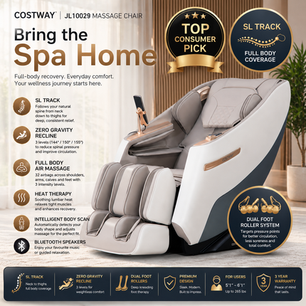 -Costway-Premium 3 Level Zero Gravity Full SL Track, Massage Chair With Heat- Dual Foot Rollers-Intelligent Body Scan With Shiatsu Rollers-JL10029WL