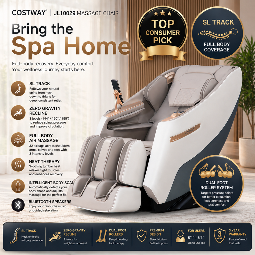 Mega Sale-Costway-Premium 3 Level Zero Gravity Full SL Track, Massage Chair With Heat- Dual Foot Rollers-Intelligent Body Scan With Shiatsu Rollers-JL10029WL