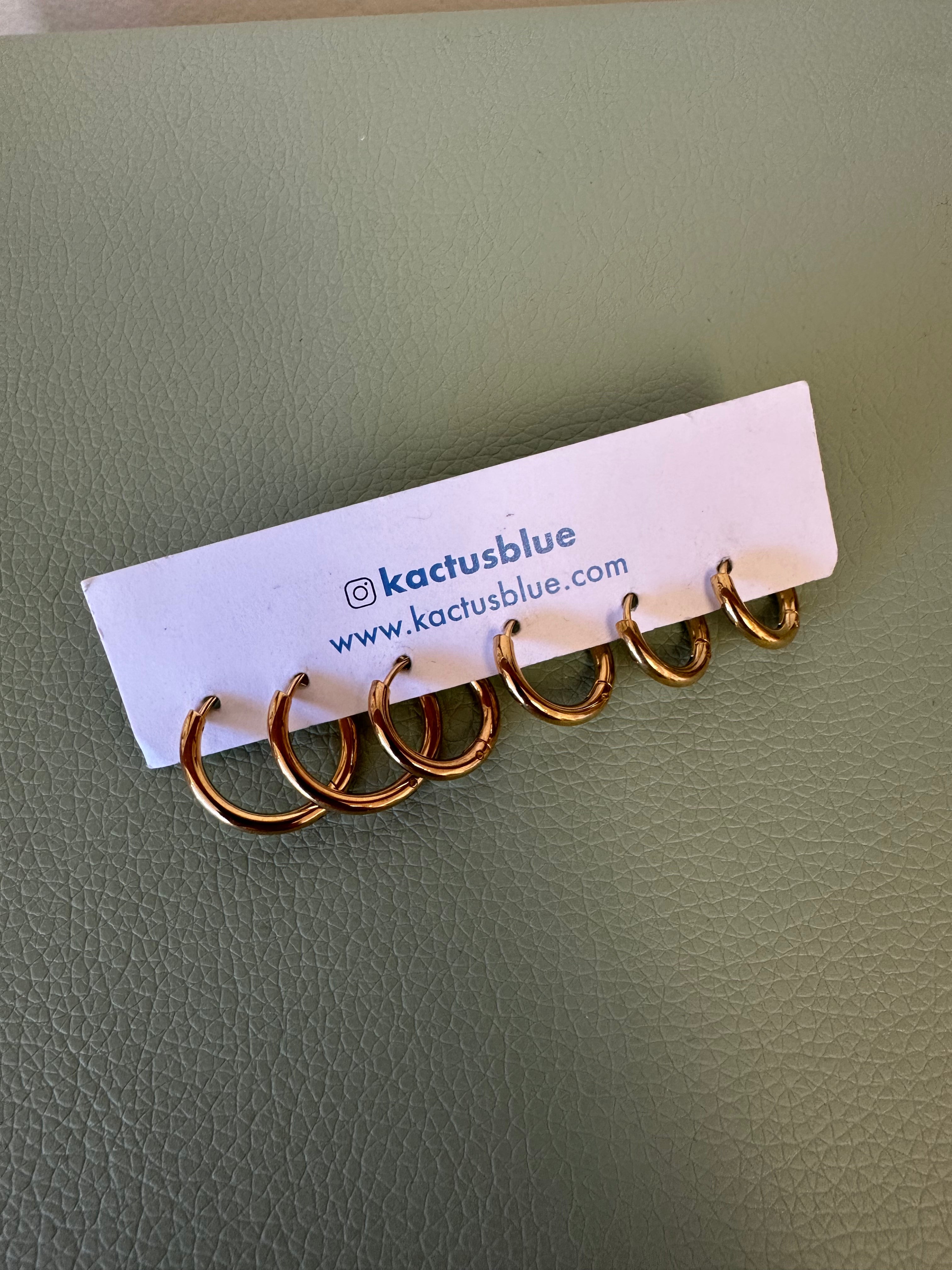 Kactus Blue - Gold Hoop Earrings Trio