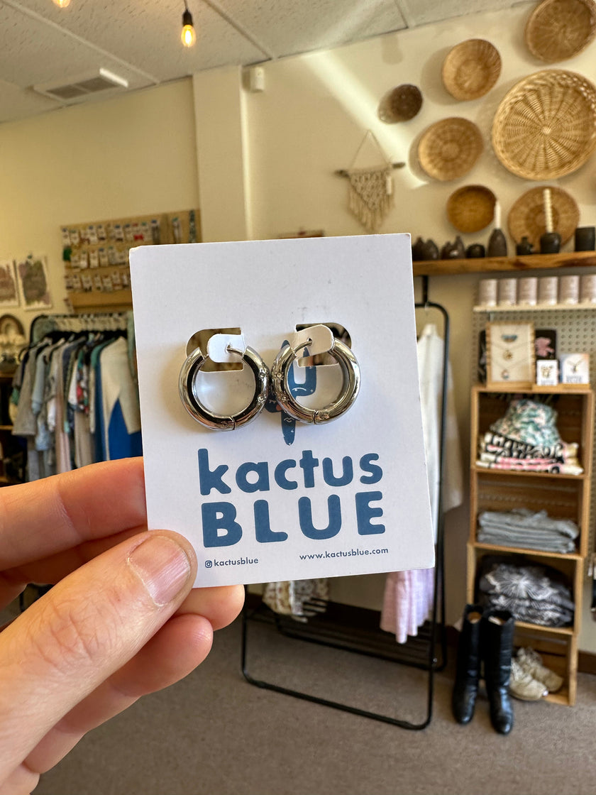 Kactus Blue - Silver Chunky Hoop Earrings with Crystal Details