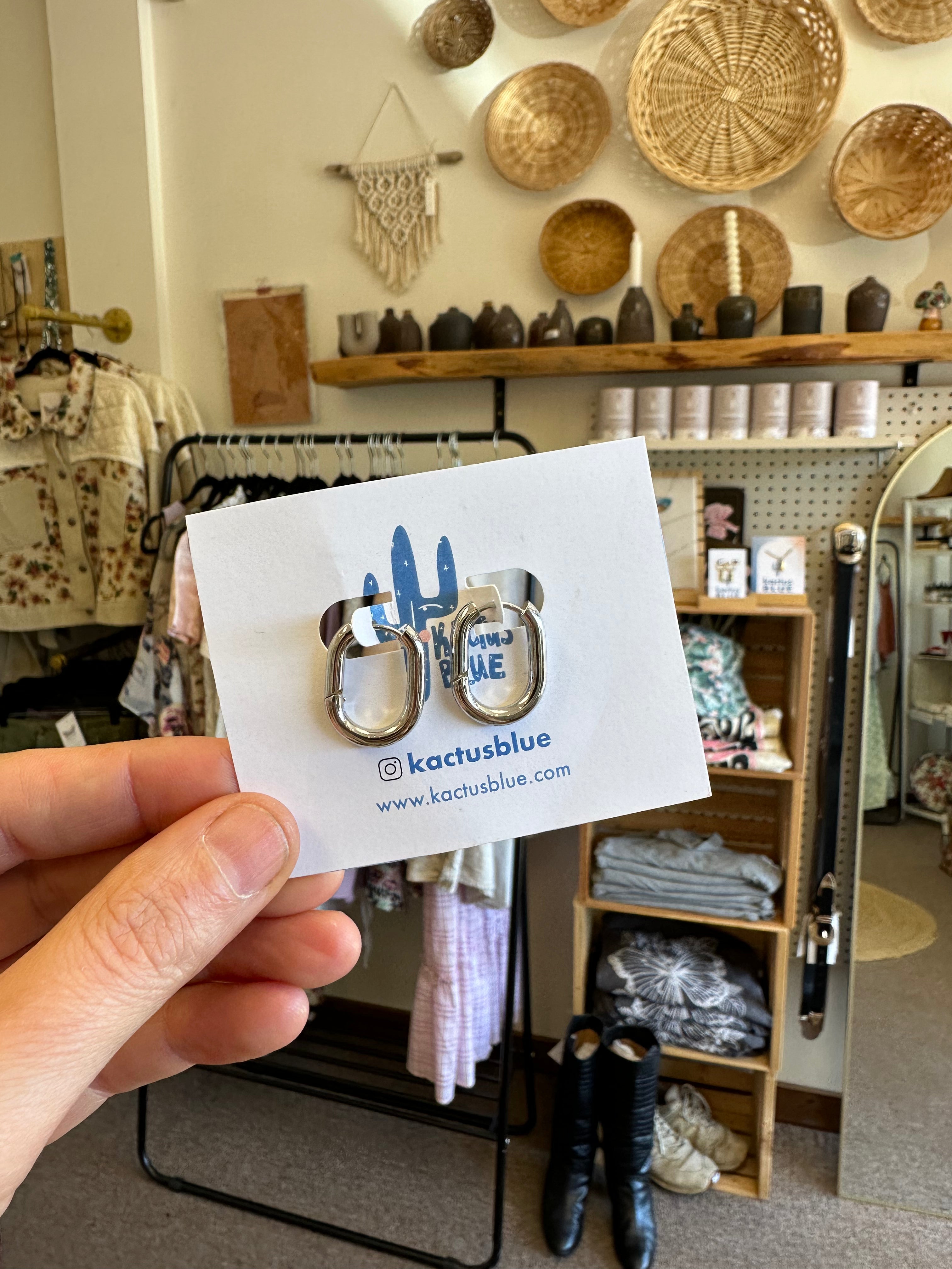 Kactus Blue - Silver Stackable Oval Hoop Earrings