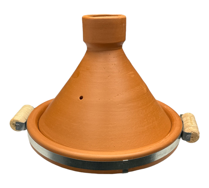 Tagine Clay Pot Natural with Metal Belt & wood hand 25cm