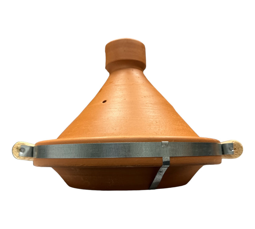 Tagine Clay Pot Natural with Metal Belt & wood hand 35 cm