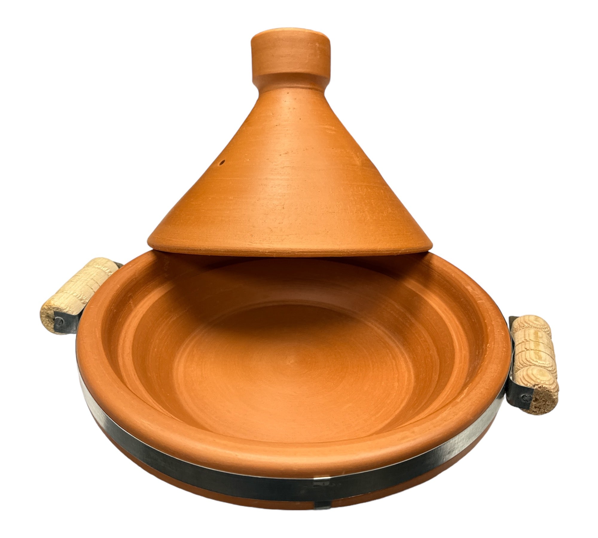 Tagine Clay Pot Natural with Metal Belt & wood hand 25cm