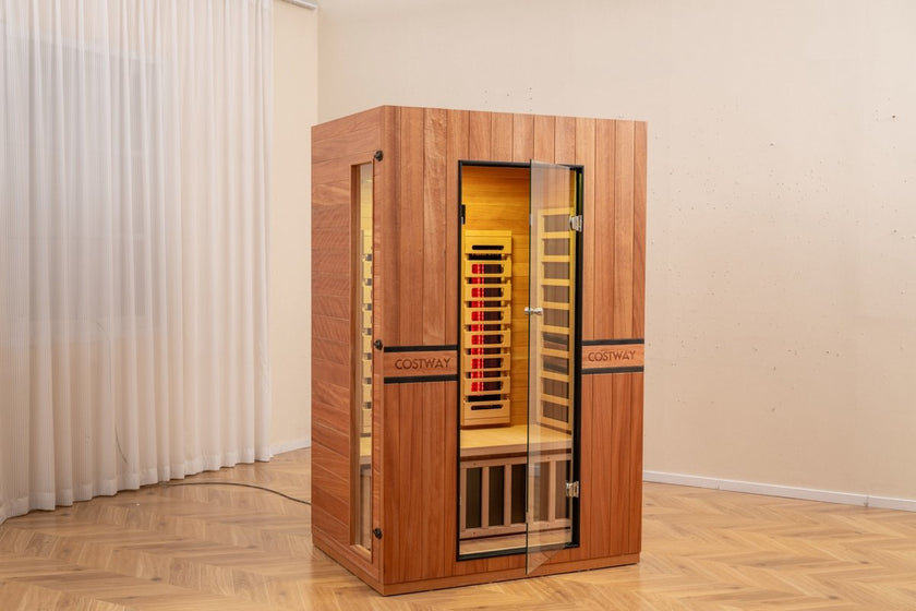 PREORDER SEPTEMBER 2026 - *NEW* 2026 Model-Premium Series-Costway 2-Person Dual Therapy Full Spectrum Infrared Sauna with Red Light Panel($900 Value), WiFi App Control, Chromotherapy & Bluetooth – Okoume Wood- Fully Loaded Indoor Spa