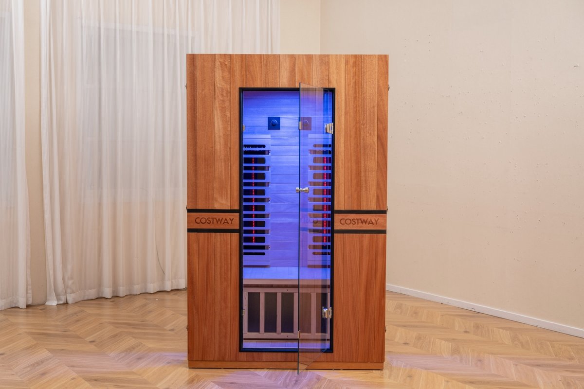 PREORDER SEPTEMBER 2026 - *NEW* 2026 Model-Premium Series-Costway 2-Person Dual Therapy Full Spectrum Infrared Sauna with Red Light Panel($900 Value), WiFi App Control, Chromotherapy & Bluetooth – Okoume Wood- Fully Loaded Indoor Spa