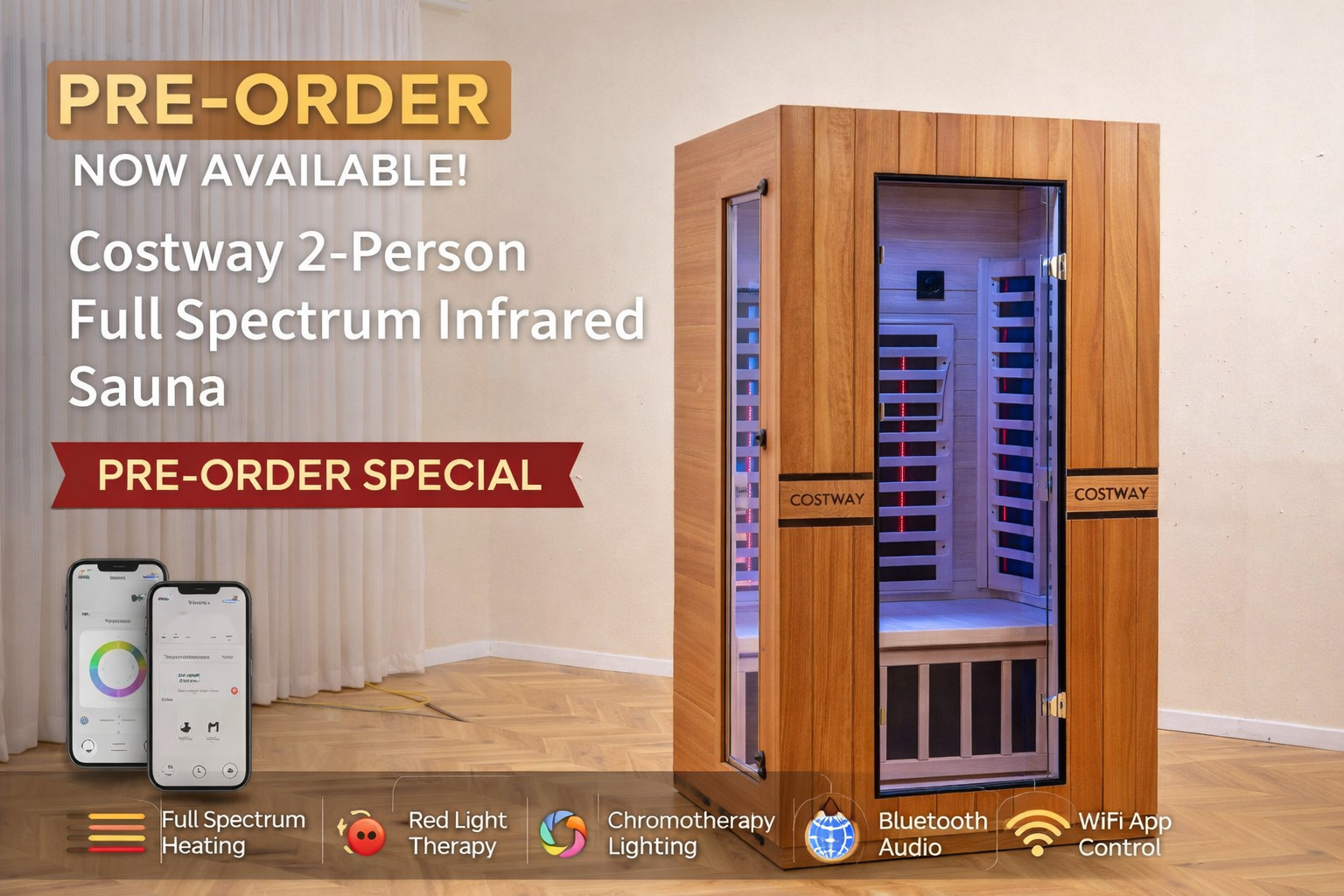 PREORDER SEPTEMBER 2026 - *NEW* 2026 Model-Premium Series-Costway 2-Person Dual Therapy Full Spectrum Infrared Sauna with Red Light Panel($900 Value), WiFi App Control, Chromotherapy & Bluetooth – Okoume Wood- Fully Loaded Indoor Spa