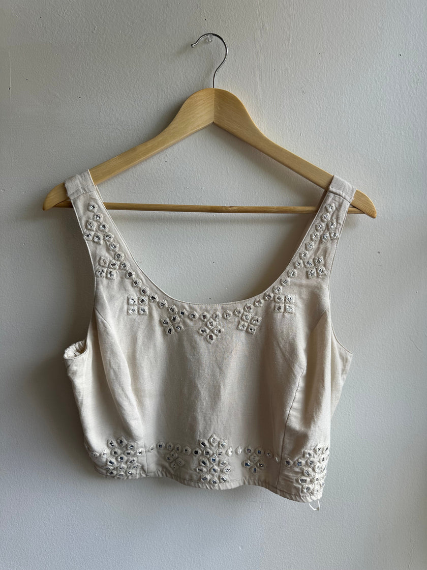 Embellished Beige Cropped Tank Top | Size Large