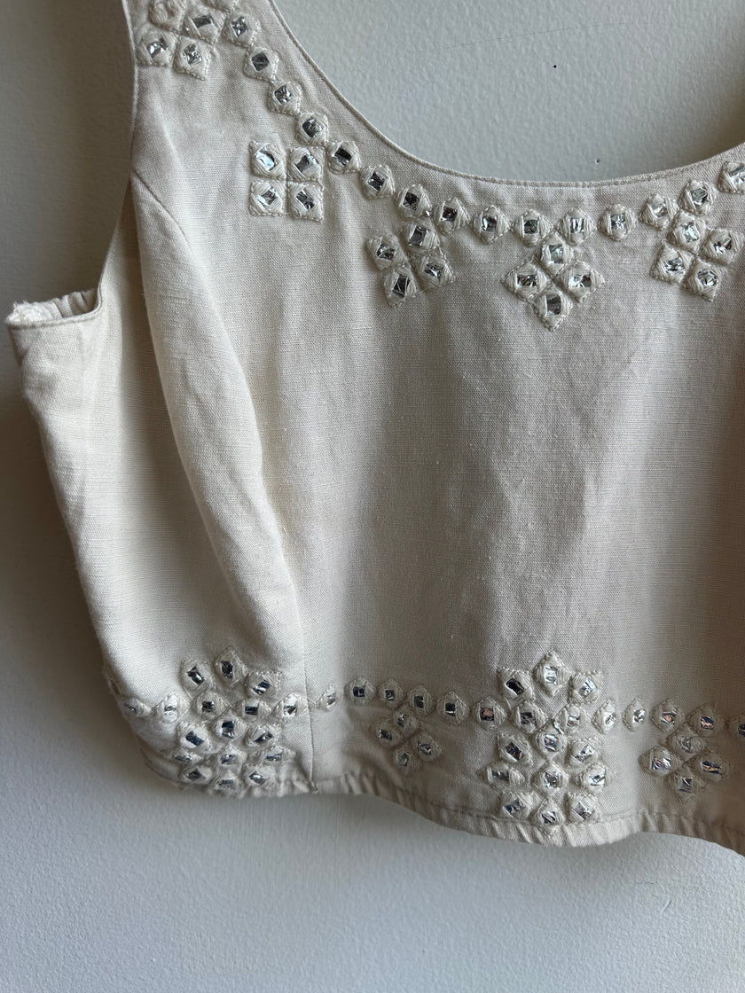 Embellished Beige Cropped Tank Top | Size Large