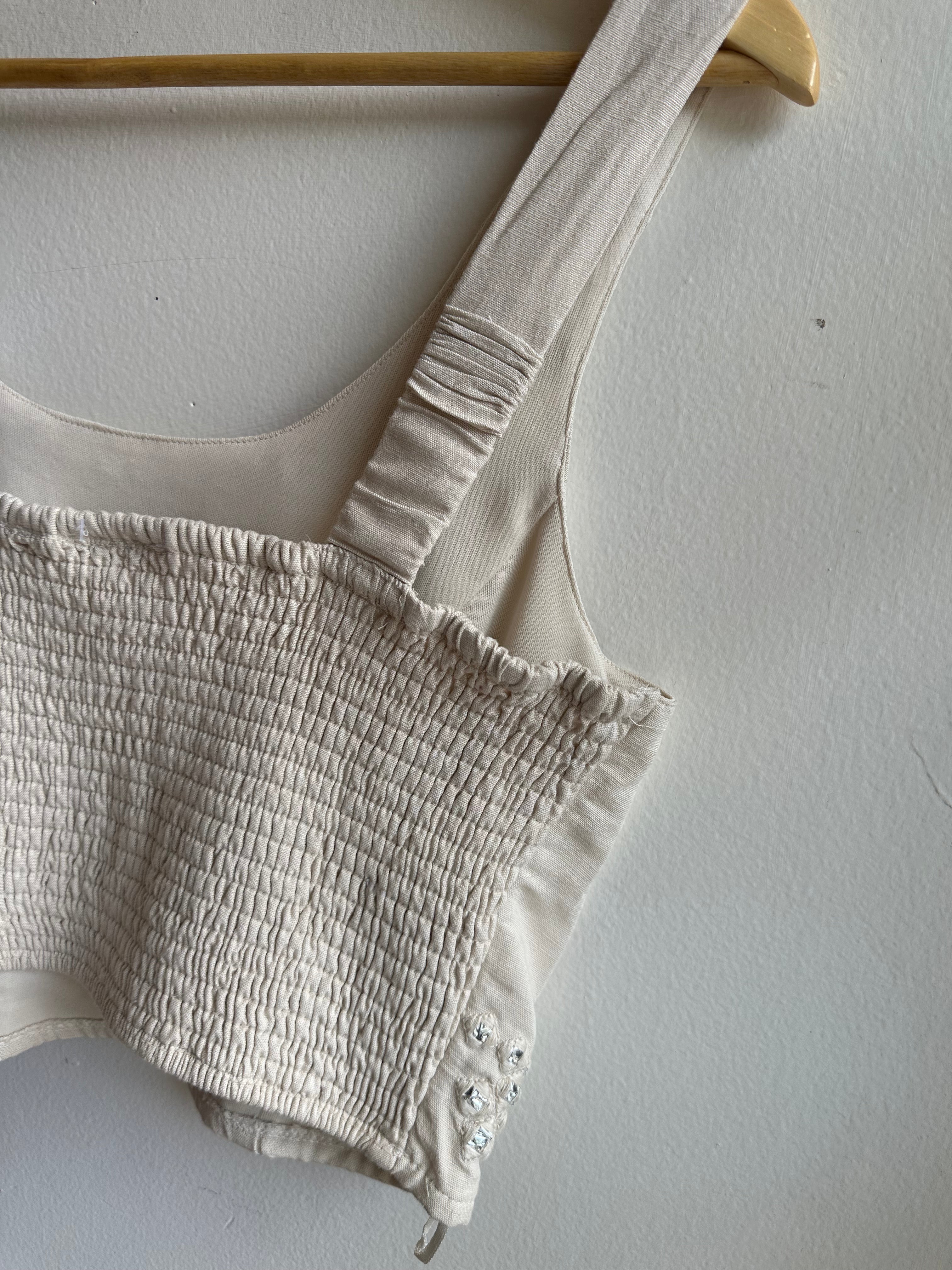 Embellished Beige Cropped Tank Top | Size Large