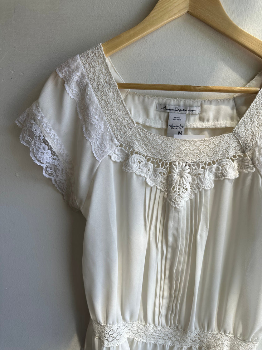 Vintage American Rag White Boho Lace Cap Sleeve Top | Size Medium