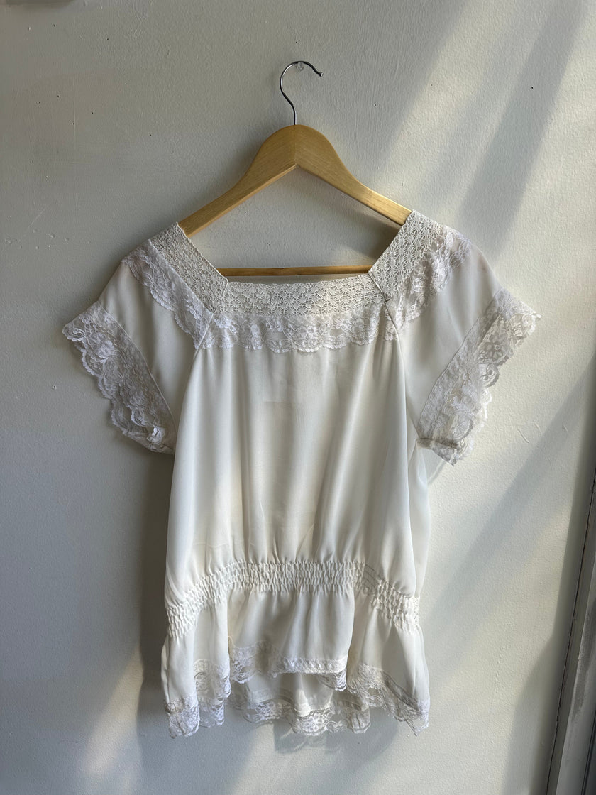 Vintage American Rag White Boho Lace Cap Sleeve Top | Size Medium
