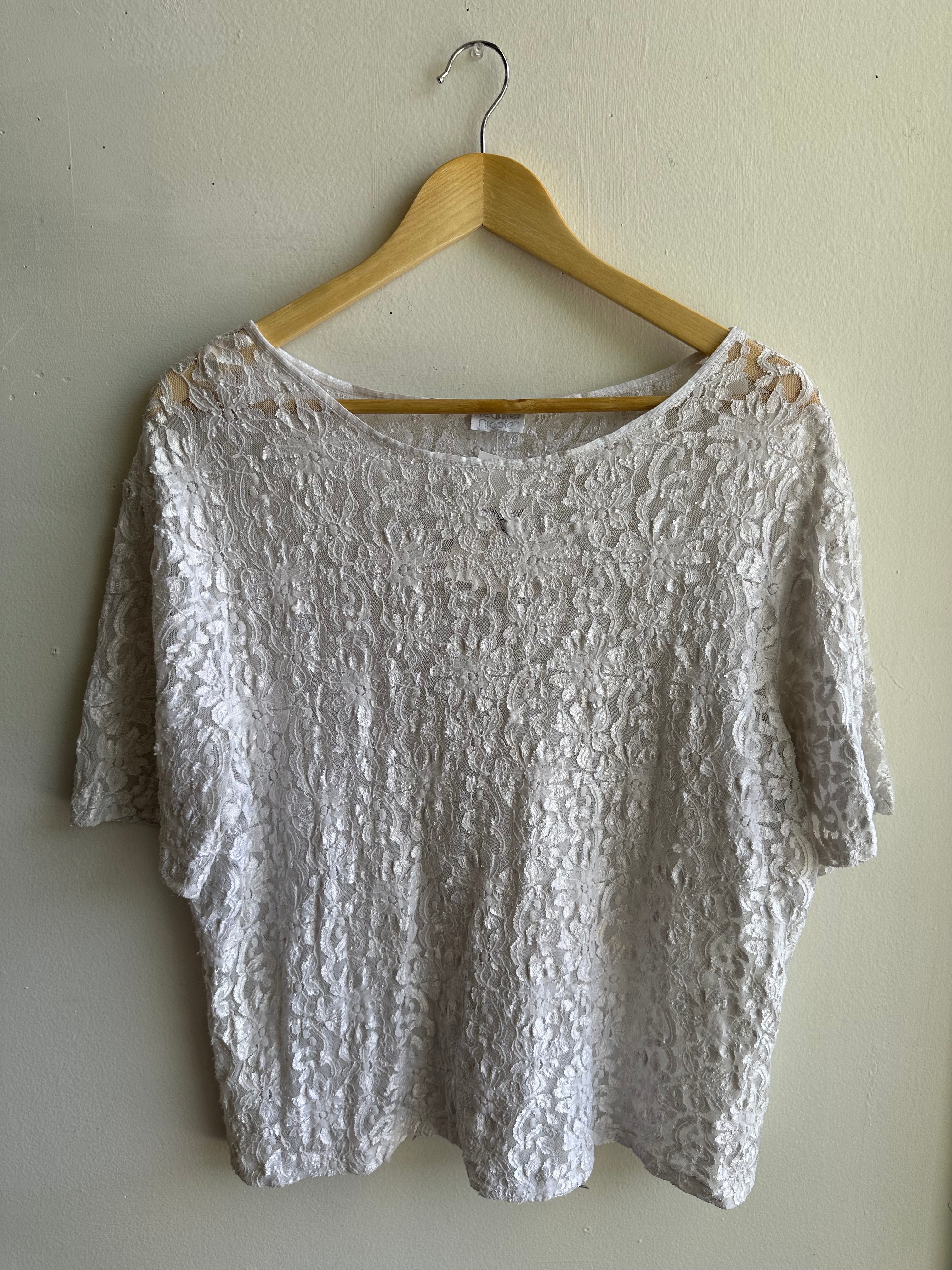 Vintage 80s Heather Nicole Stretchy Lace T-Shirt | Size Large