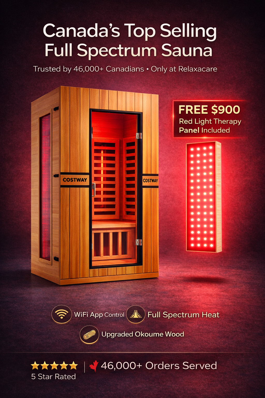 PREORDER SEPTEMBER 2026 - *NEW* 2026 Model-Premium Series-Costway 2-Person Dual Therapy Full Spectrum Infrared Sauna with Red Light Panel($900 Value), WiFi App Control, Chromotherapy & Bluetooth – Okoume Wood- Fully Loaded Indoor Spa