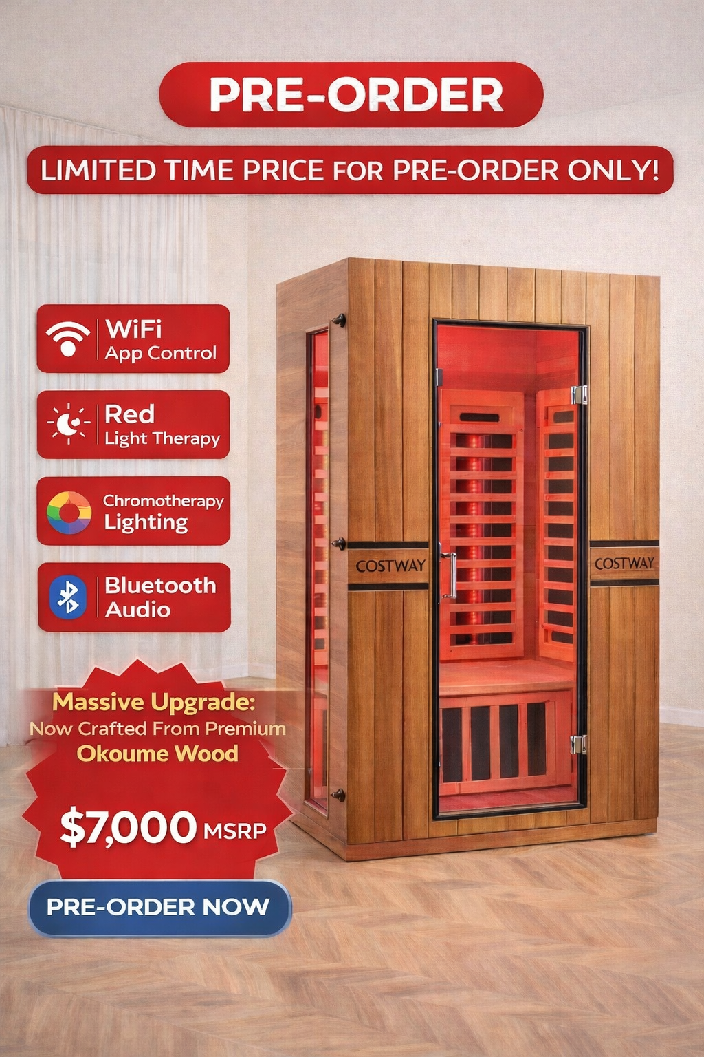 PREORDER SEPTEMBER 2026 - *NEW* 2026 Model-Premium Series-Costway 2-Person Dual Therapy Full Spectrum Infrared Sauna with Red Light Panel($900 Value), WiFi App Control, Chromotherapy & Bluetooth – Okoume Wood- Fully Loaded Indoor Spa