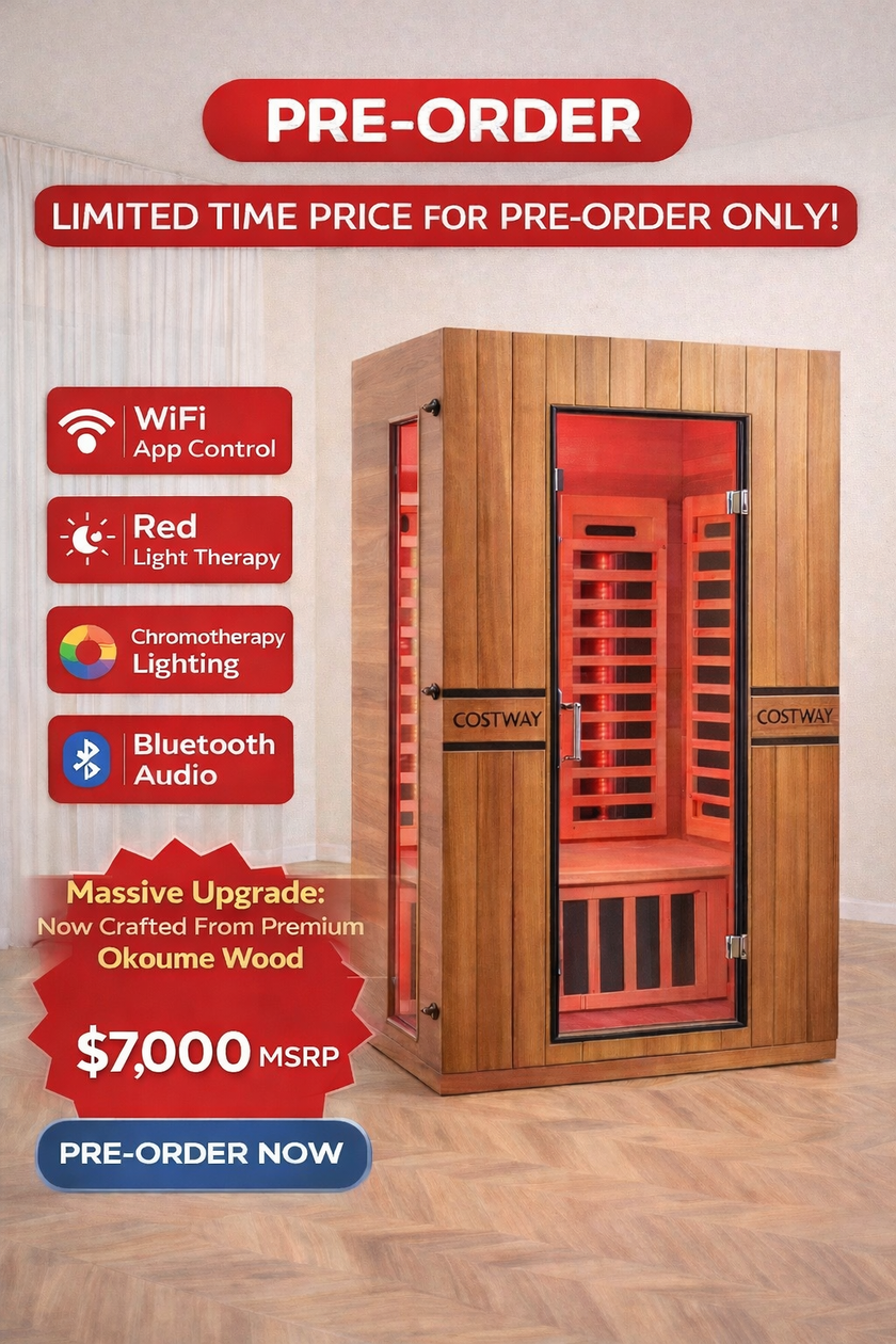 PREORDER SEPTEMBER 2026 - *NEW* 2026 Model-Premium Series-Costway 2-Person Dual Therapy Full Spectrum Infrared Sauna with Red Light Panel($900 Value), WiFi App Control, Chromotherapy & Bluetooth – Okoume Wood- Fully Loaded Indoor Spa