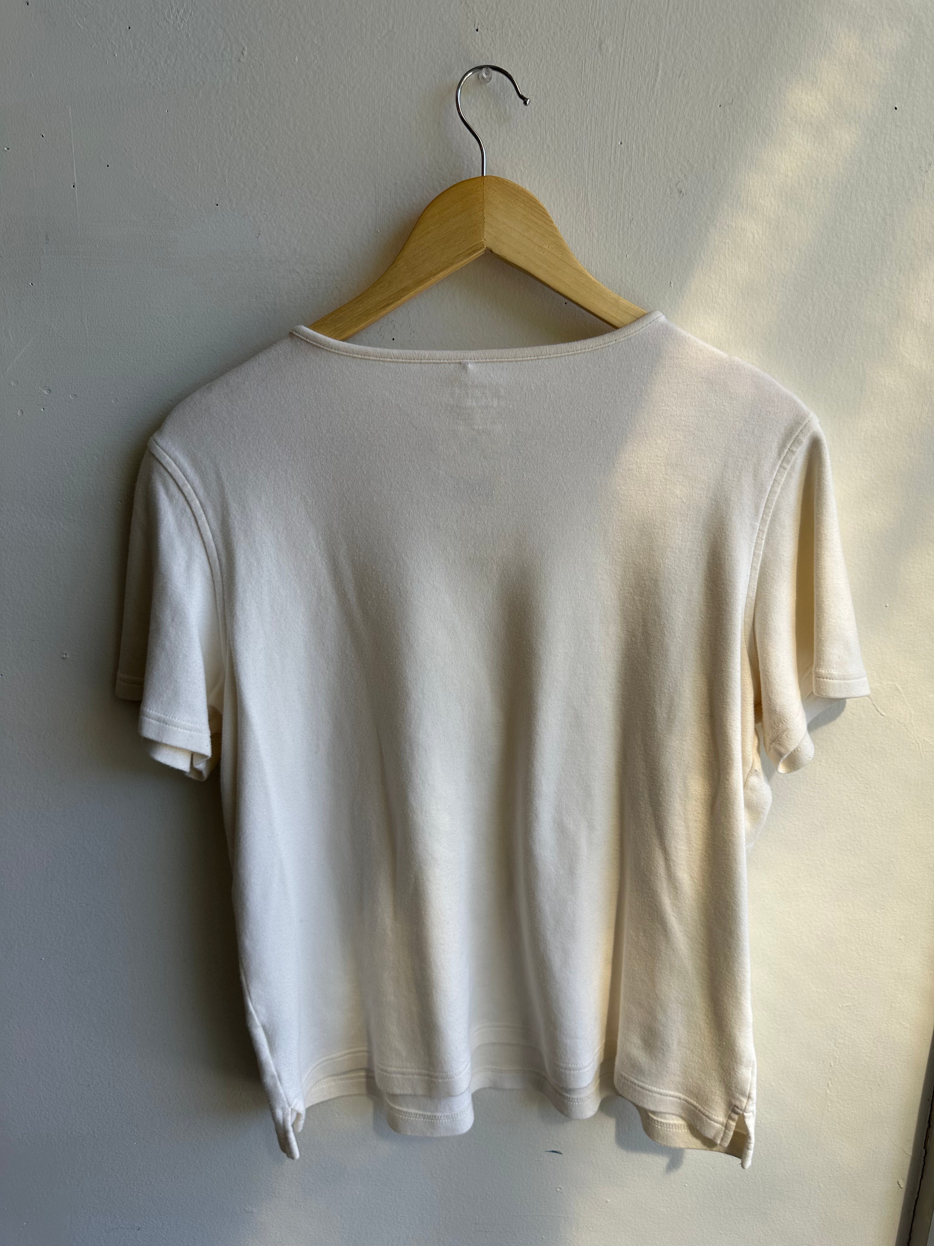 Vintage Cream Embroidered Flower T-Shirt | Size Large