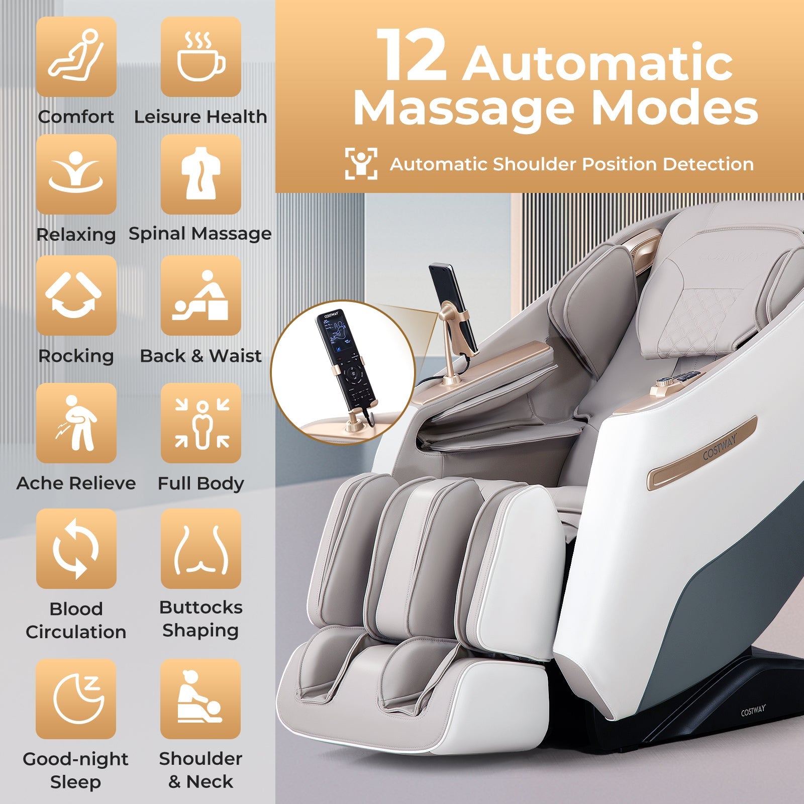 Mega Sale-Costway-Premium 3 Level Zero Gravity Full SL Track, Massage Chair With Heat- Dual Foot Rollers-Intelligent Body Scan With Shiatsu Rollers-JL10029WL