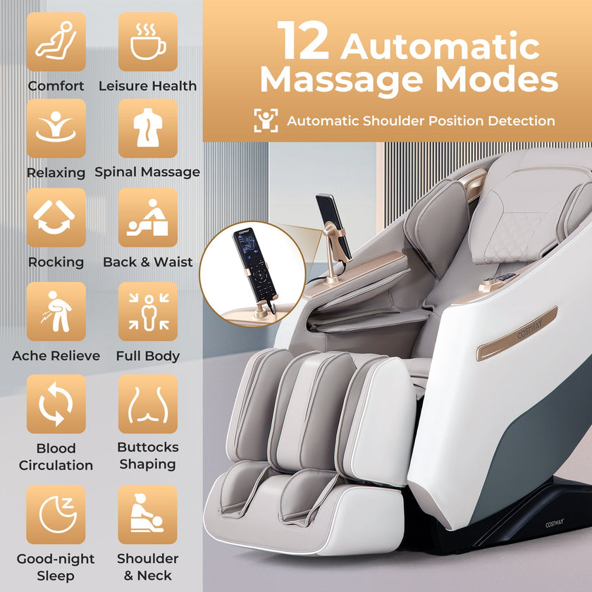 Mega Sale-Costway-Premium 3 Level Zero Gravity Full SL Track, Massage Chair With Heat- Dual Foot Rollers-Intelligent Body Scan With Shiatsu Rollers-JL10029WL