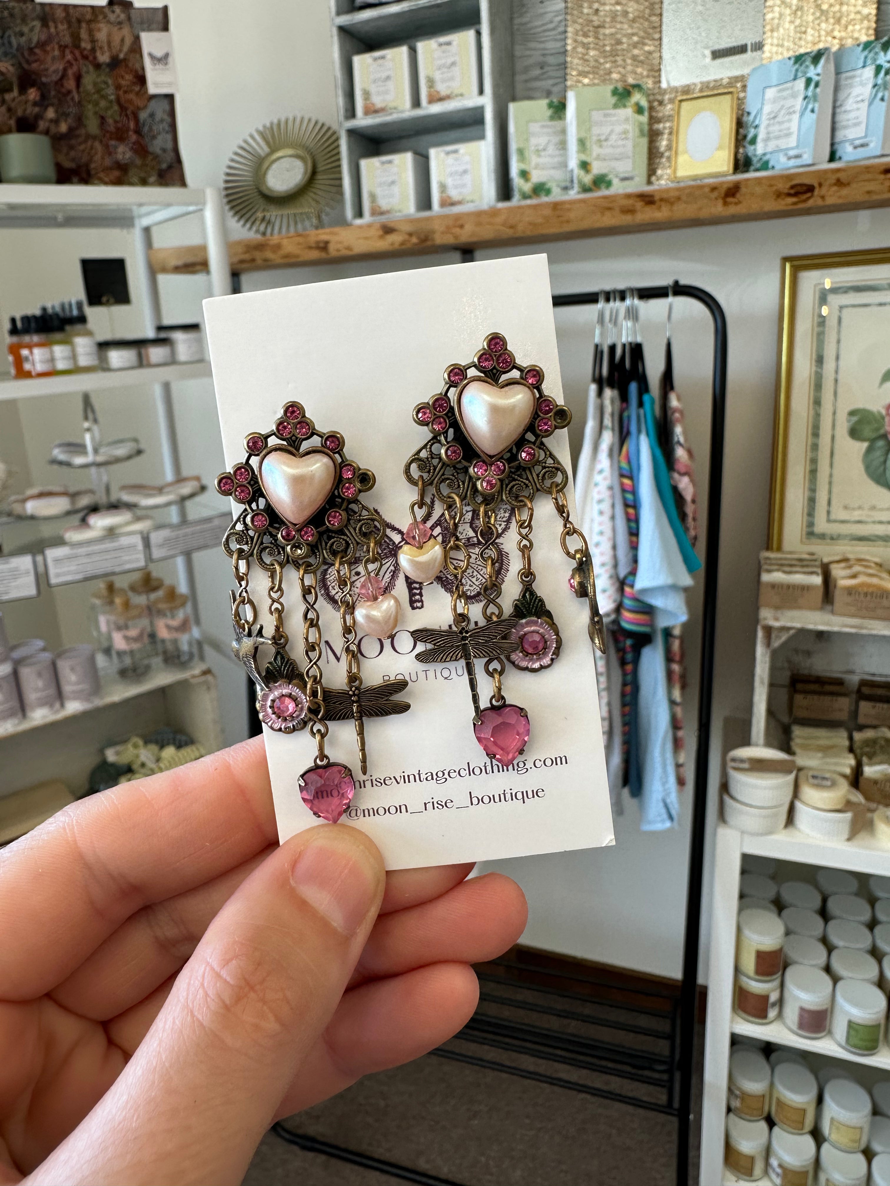 Vintage Dangle Dragonfly + Heart Charm Earrings