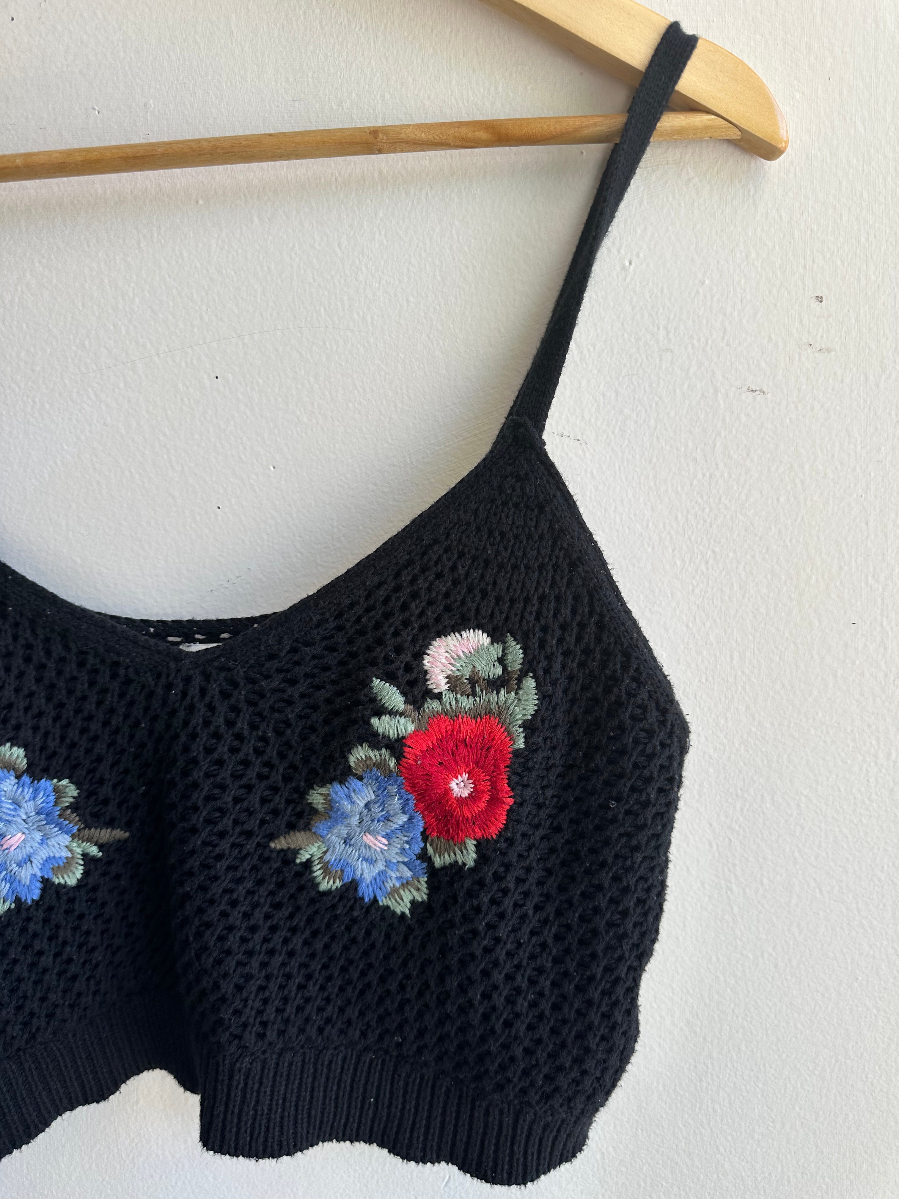 American Eagle Cropped Knit Tank Top | Black | Size Medium