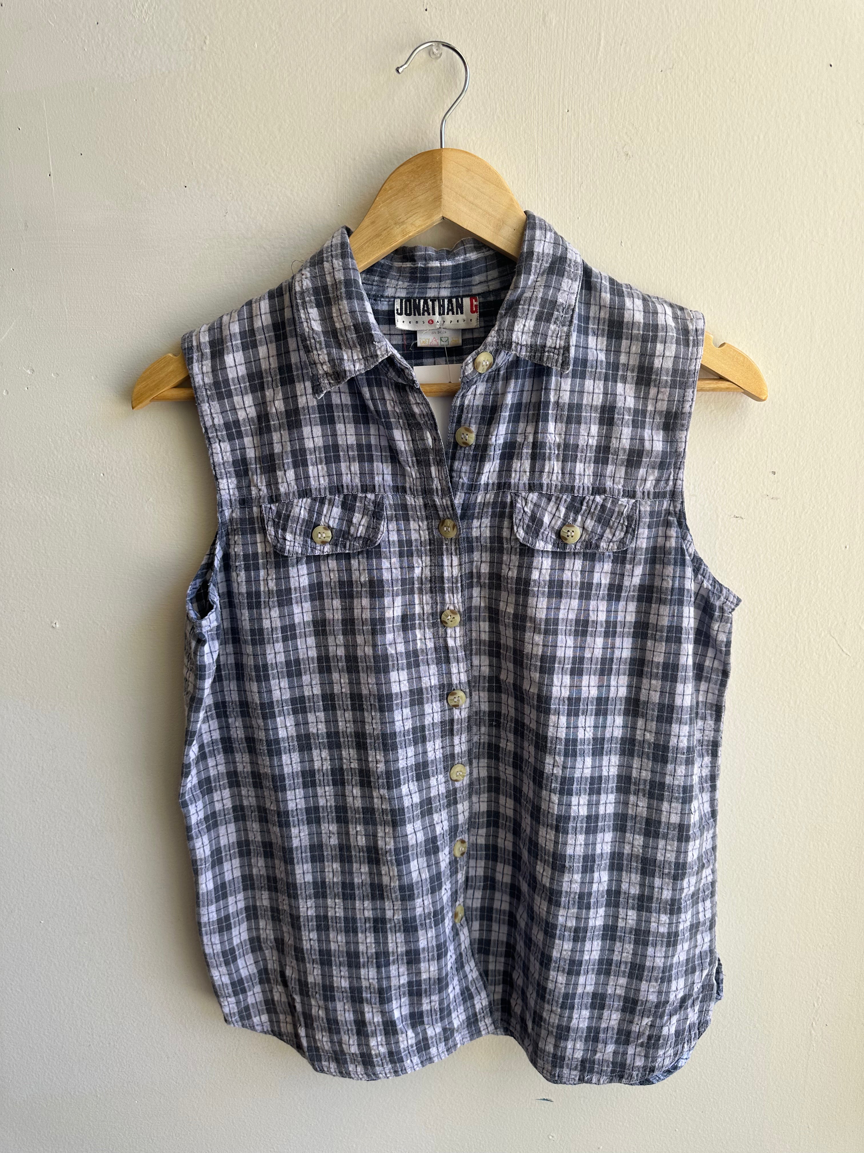 Vintage Blue Plaid Sleeveless Button Up Top | Size Medium | Cotton