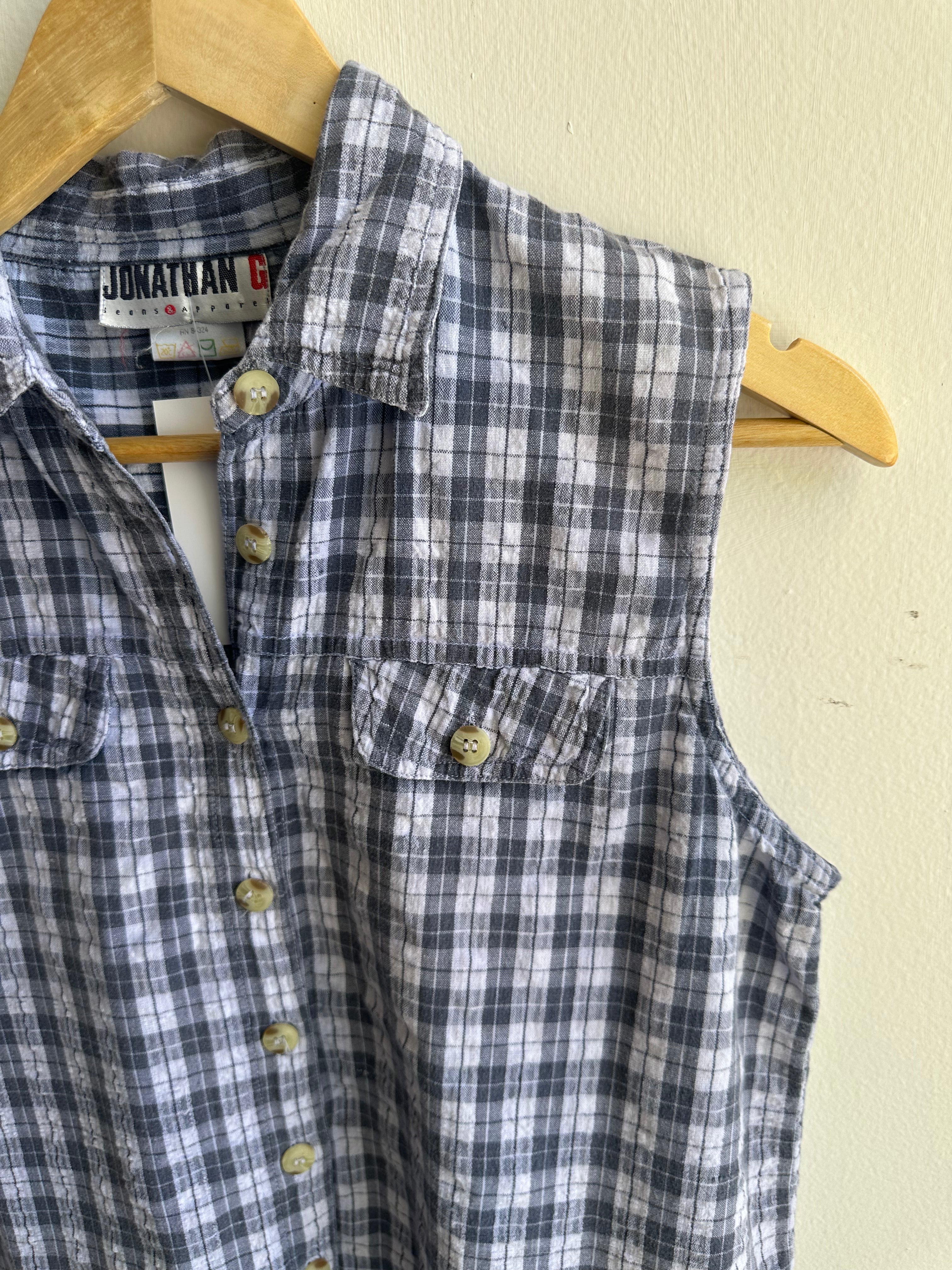 Vintage Blue Plaid Sleeveless Button Up Top | Size Medium | Cotton