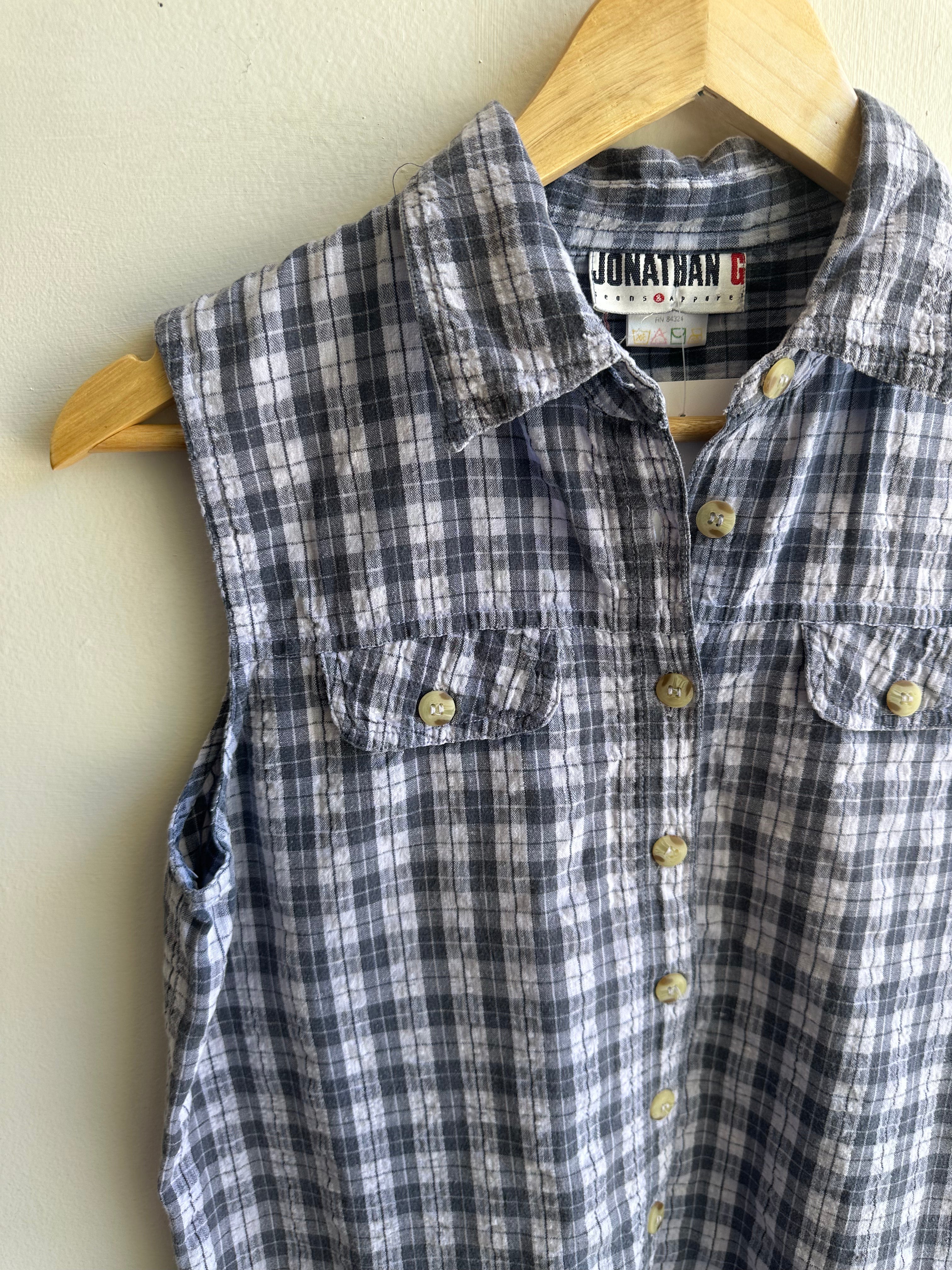 Vintage Blue Plaid Sleeveless Button Up Top | Size Medium | Cotton