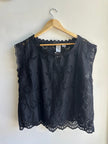 Black Eyelette + Lace Boxy Cotton Tank Top | Size XL