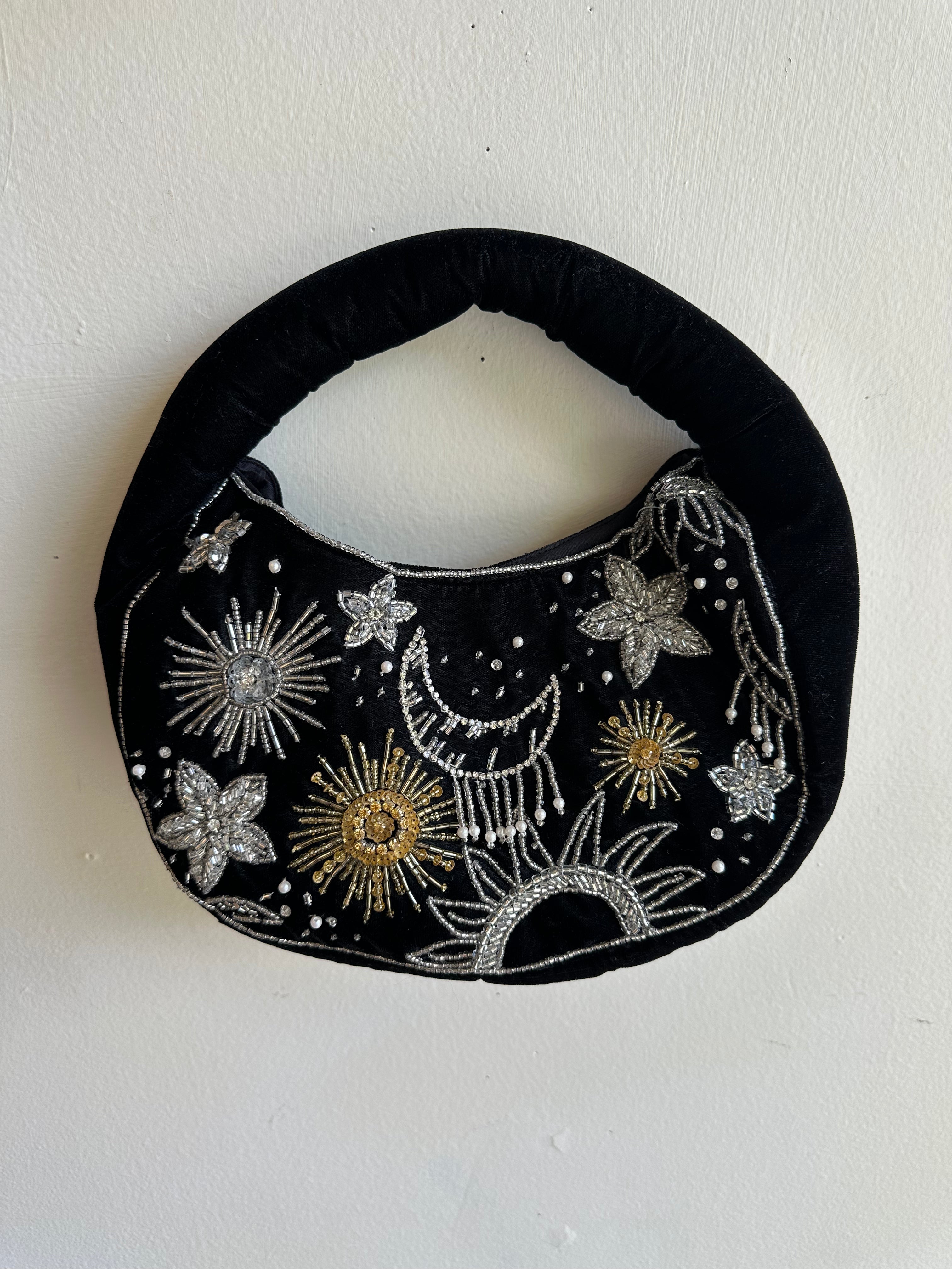 Velvety Black Beaded Sun + Moon Purse
