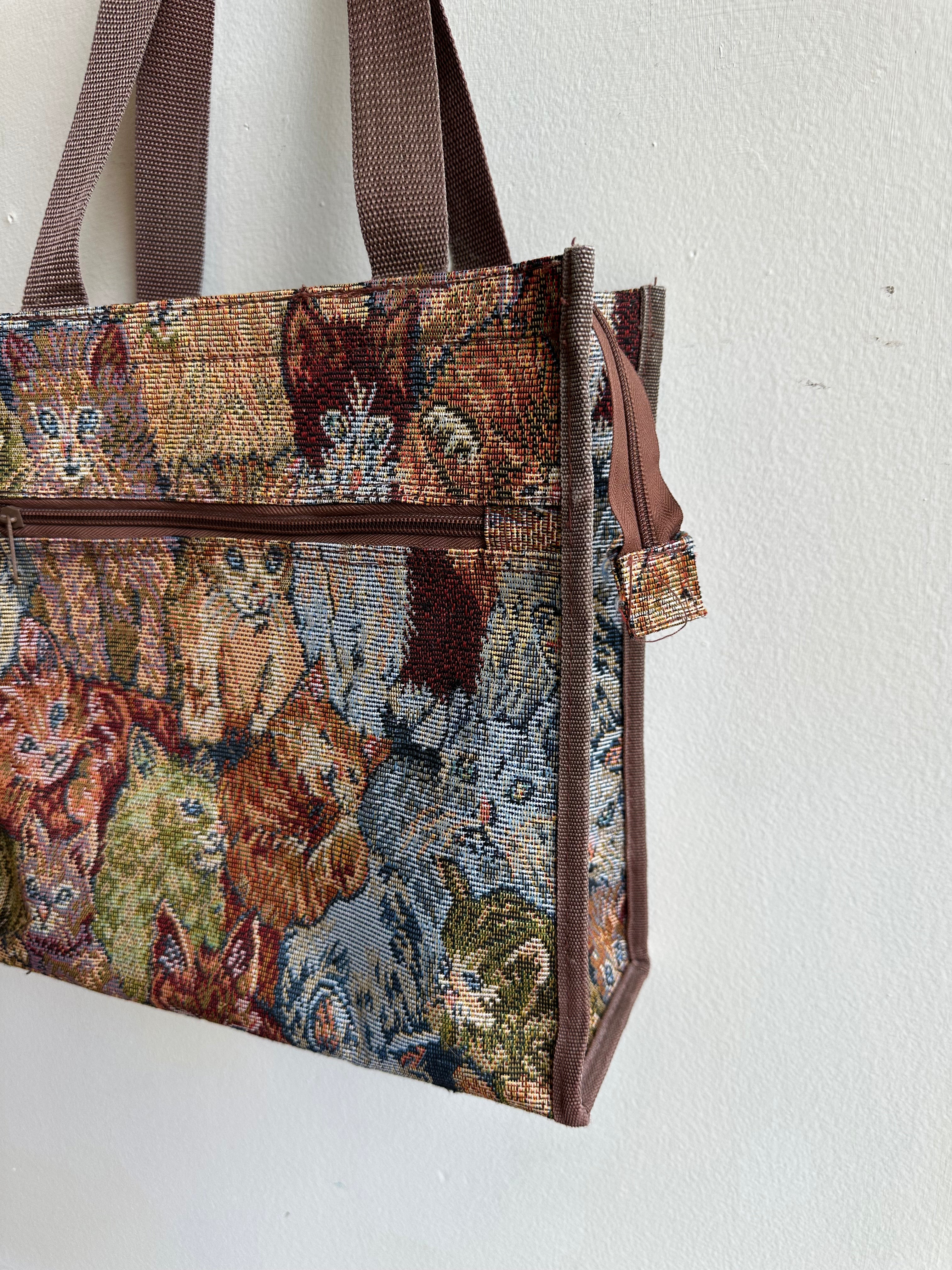 Vintage Kitty Cat Tapestry Zippered Tote Bag