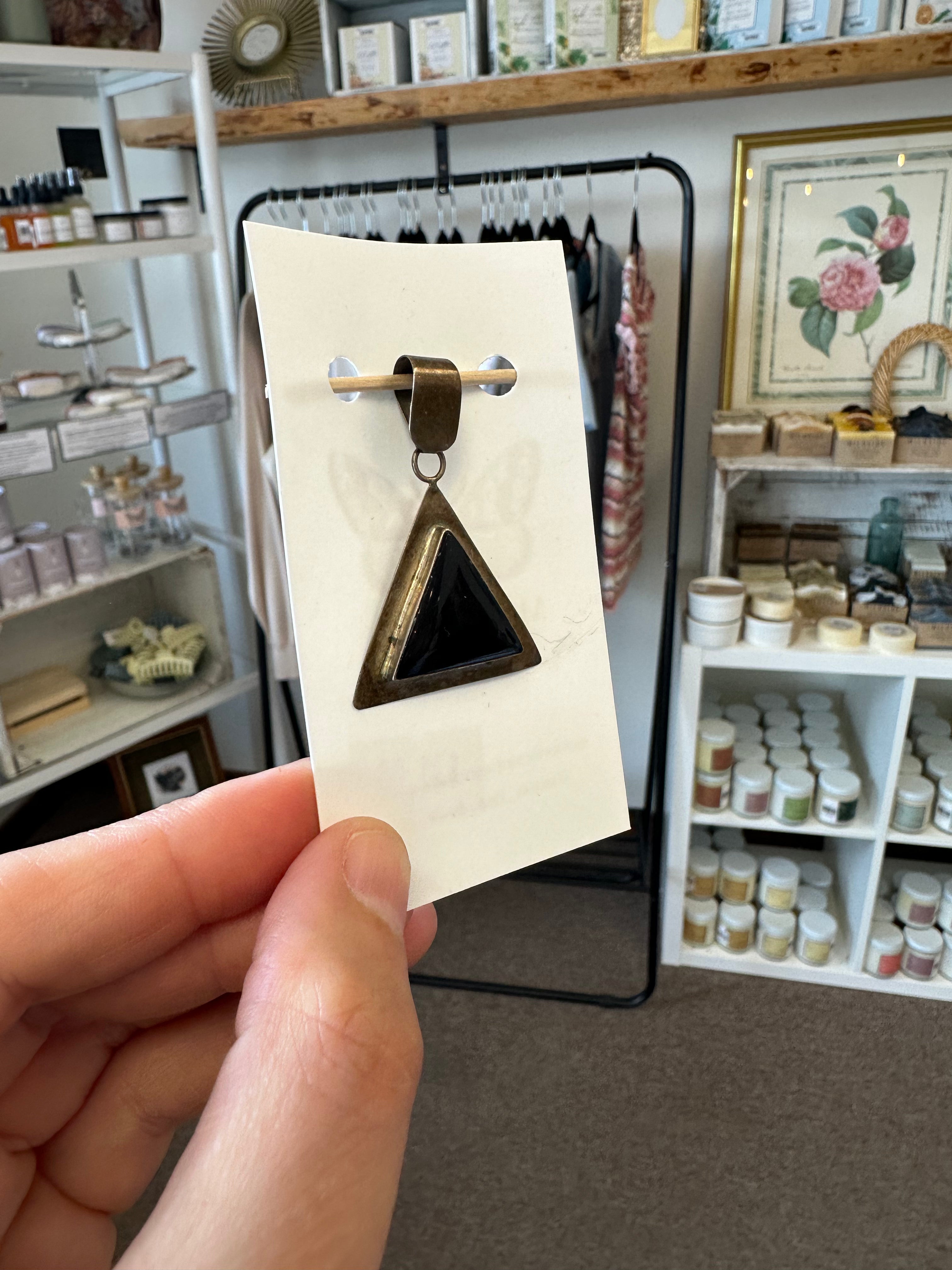 Vintage Black Onyx Silver Triangle Pyrmid Handcrafted Pendent