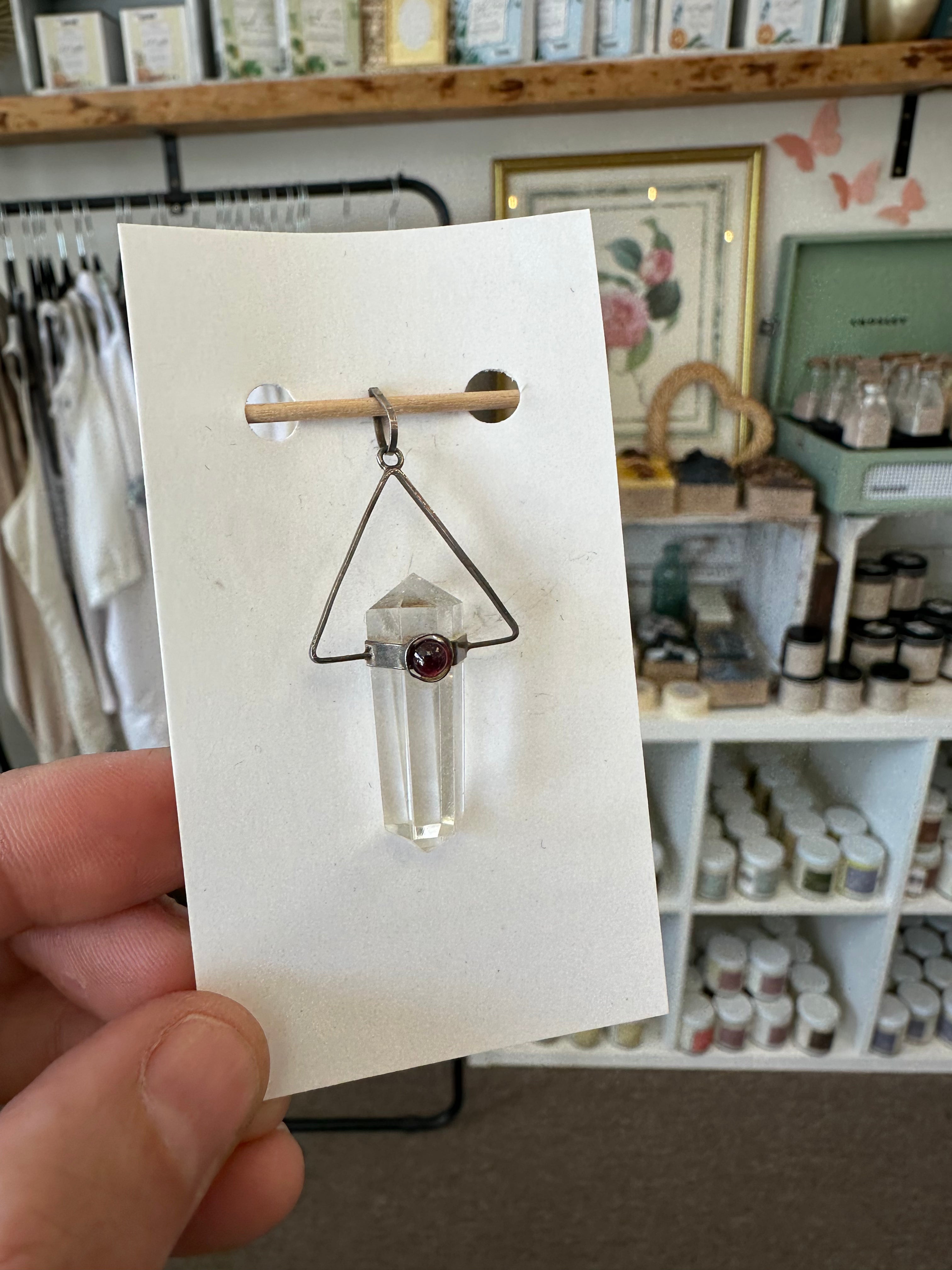 Vintage Clear Quartz With Garnet Silver Pendant