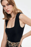 Square Neck Thick Straps Bodysuit - Black