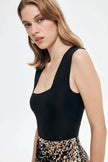 Square Neck Thick Straps Bodysuit - Black
