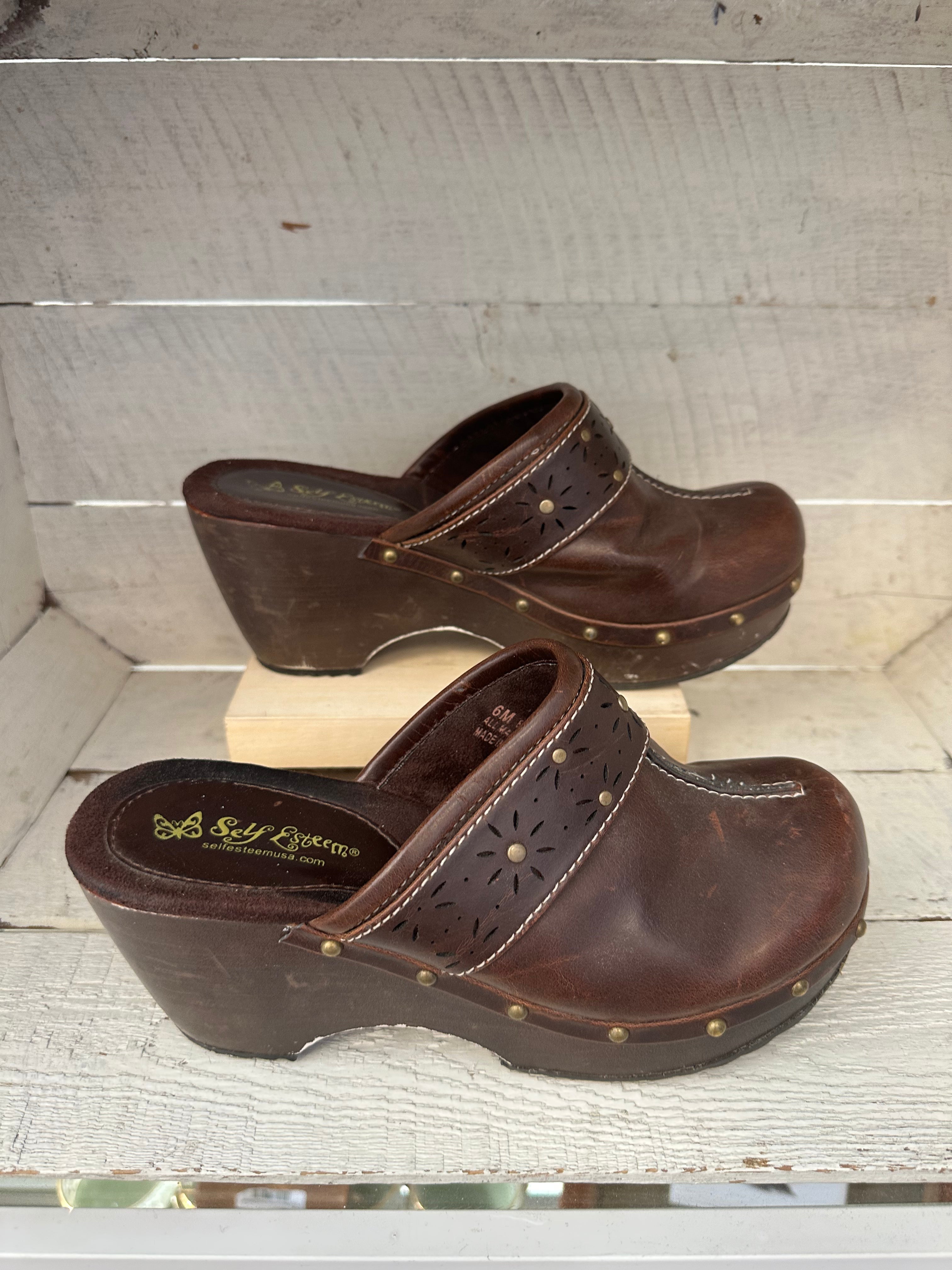 Vintage Y2K Studded Brown Leather + Wood Clogs | Size Women’s 6