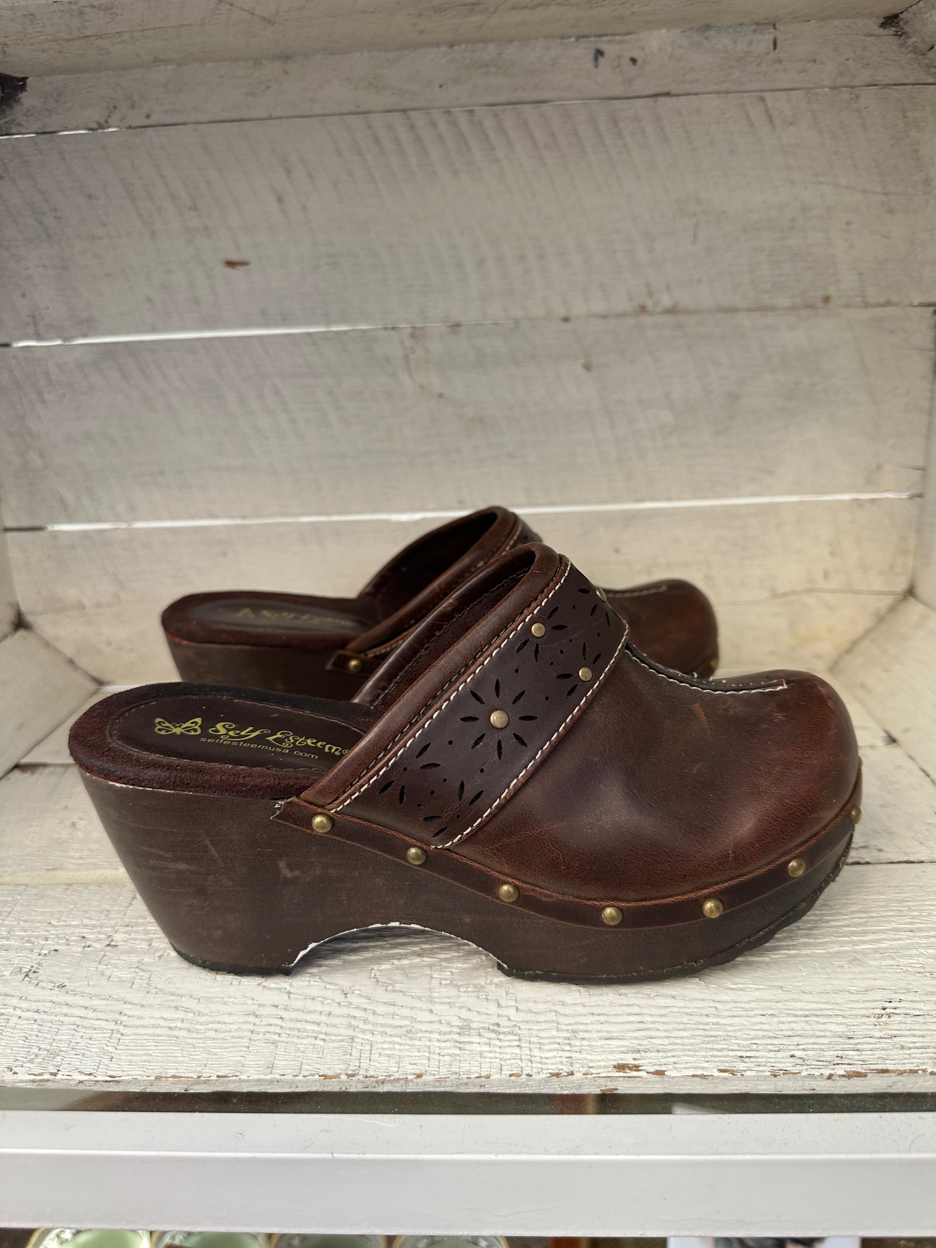 Vintage Y2K Studded Brown Leather + Wood Clogs | Size Women’s 6