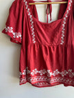 Embroidered Crimson Peasant Blouse | Vintage Boho Charm | Size Medium