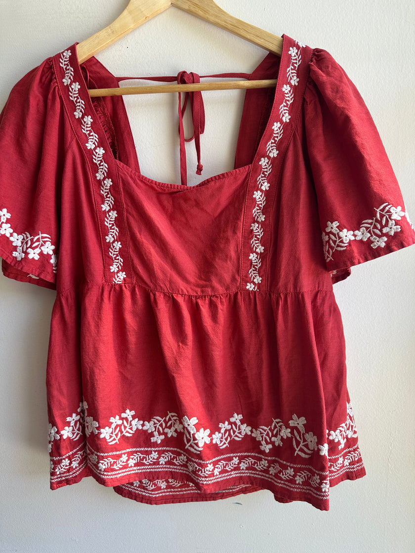 Embroidered Crimson Peasant Blouse | Vintage Boho Charm | Size Medium
