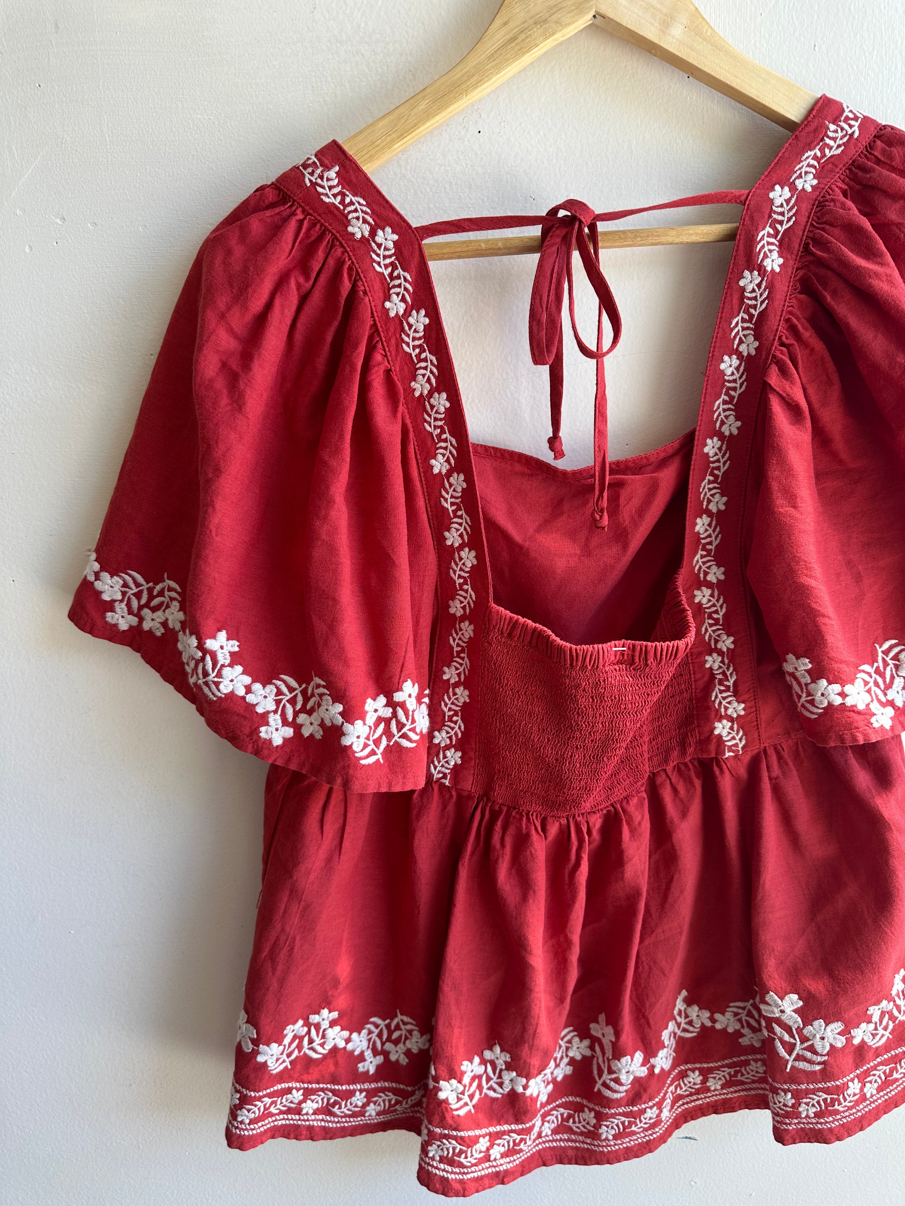Embroidered Crimson Peasant Blouse | Vintage Boho Charm | Size Medium
