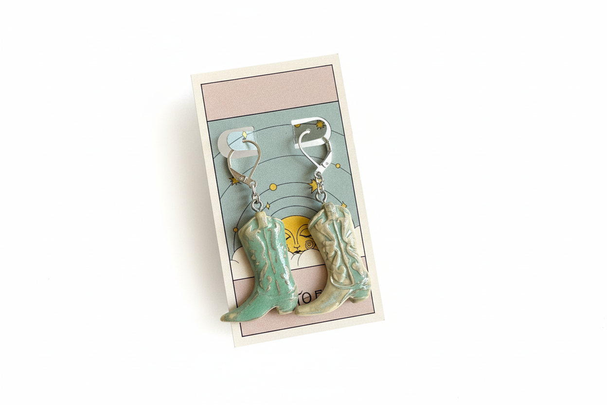 Earth to Ember | Handmade Ceramic Cowboy Boot Earrings | Teal