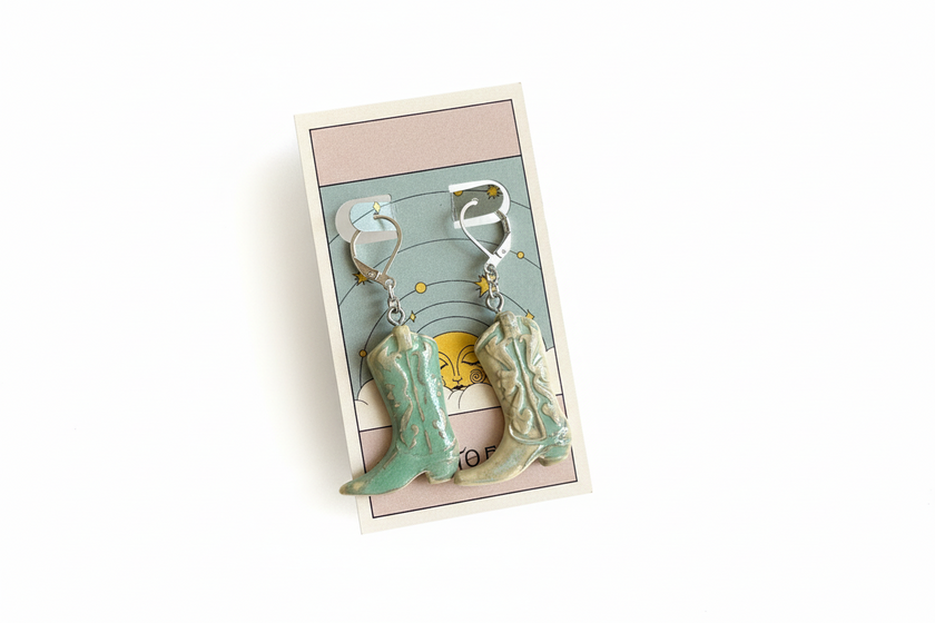Earth to Ember | Handmade Ceramic Cowboy Boot Earrings | Teal