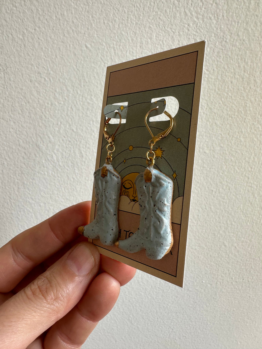 Earth to Ember | Handmade Ceramic Cowboy Boot Earrings | Blue