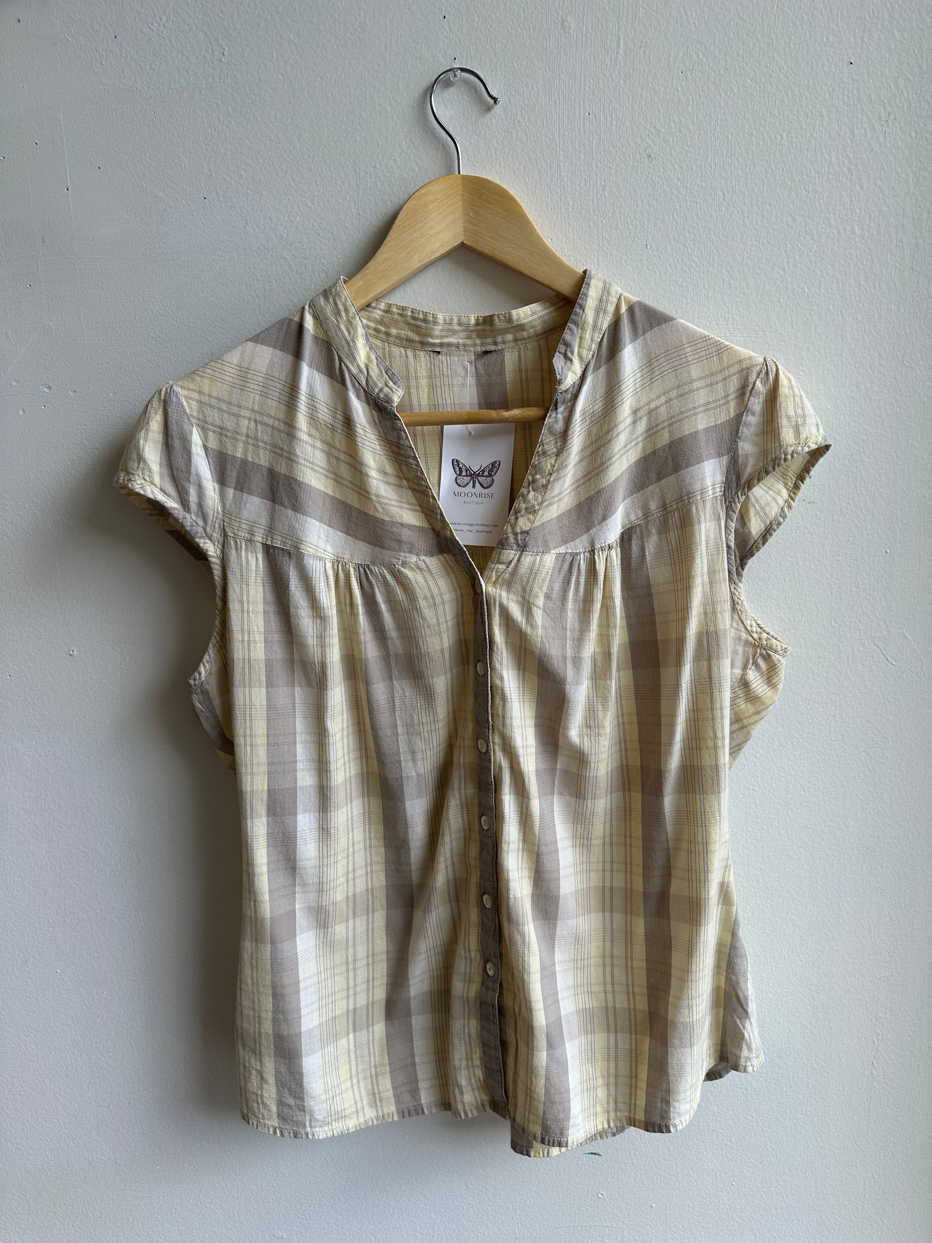 Vintage Butter Yellow Prairie Blouse | Soft Plaid Cap Sleeve | Size Medium
