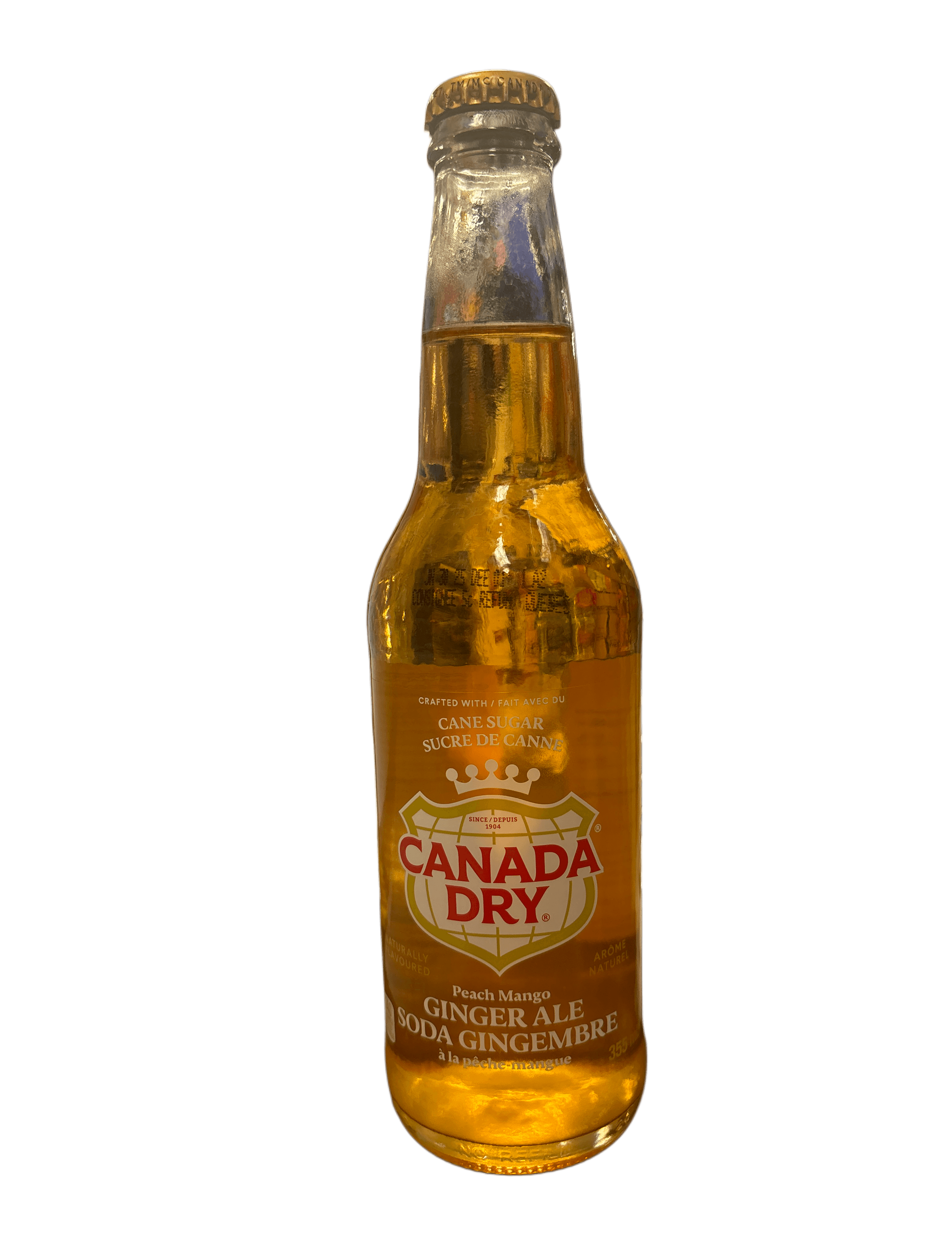 Canada Dry, Ginger Ale à la pêche et à la mangue, au sucre de canne, en bouteille de verre, 355 ml.