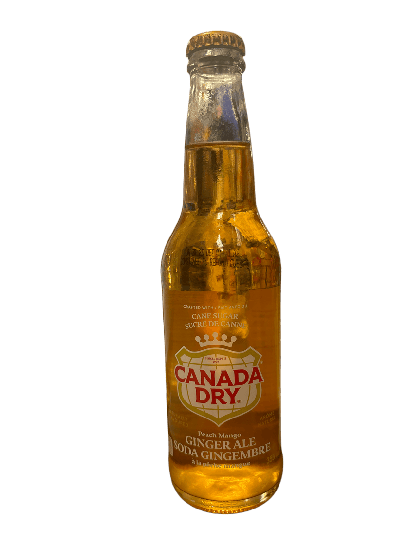 Canada Dry, Ginger Ale à la pêche et à la mangue, au sucre de canne, en bouteille de verre, 355 ml.