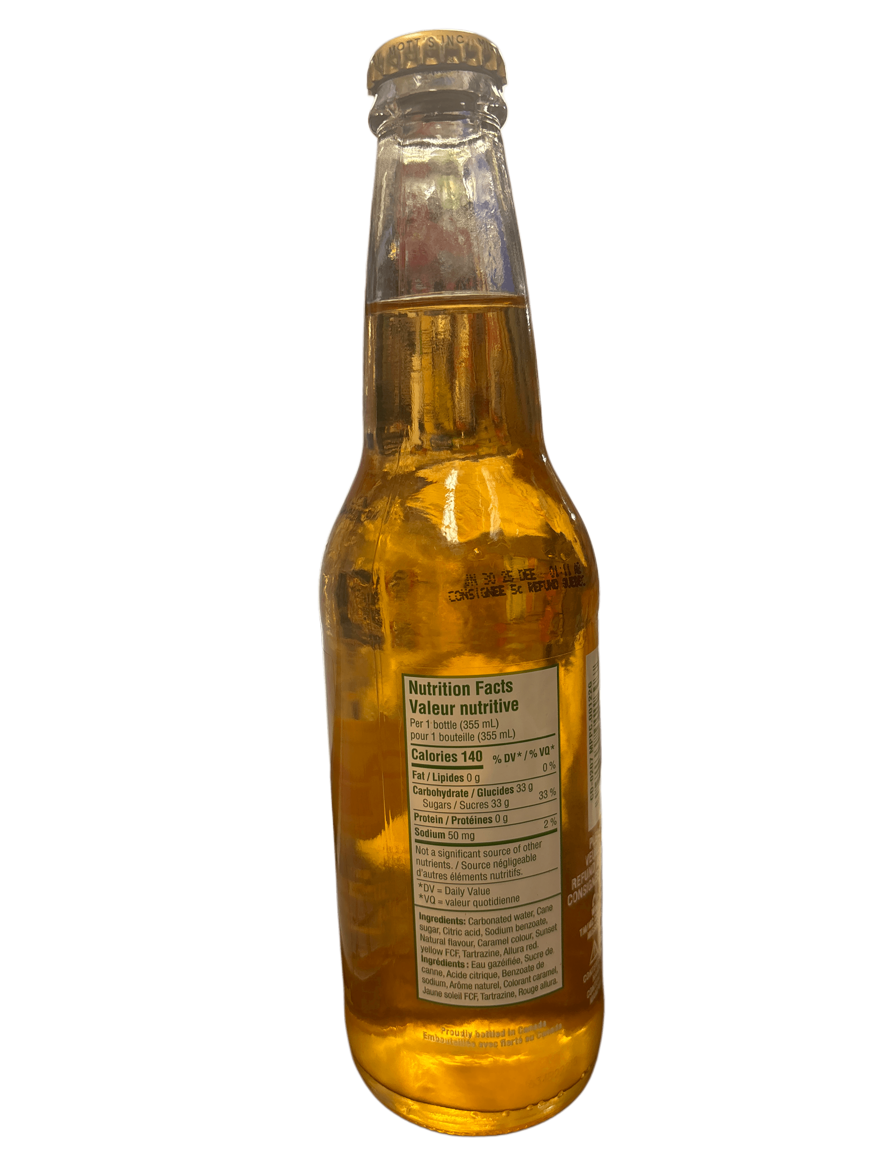 Canada Dry, Ginger Ale à la pêche et à la mangue, au sucre de canne, en bouteille de verre, 355 ml.