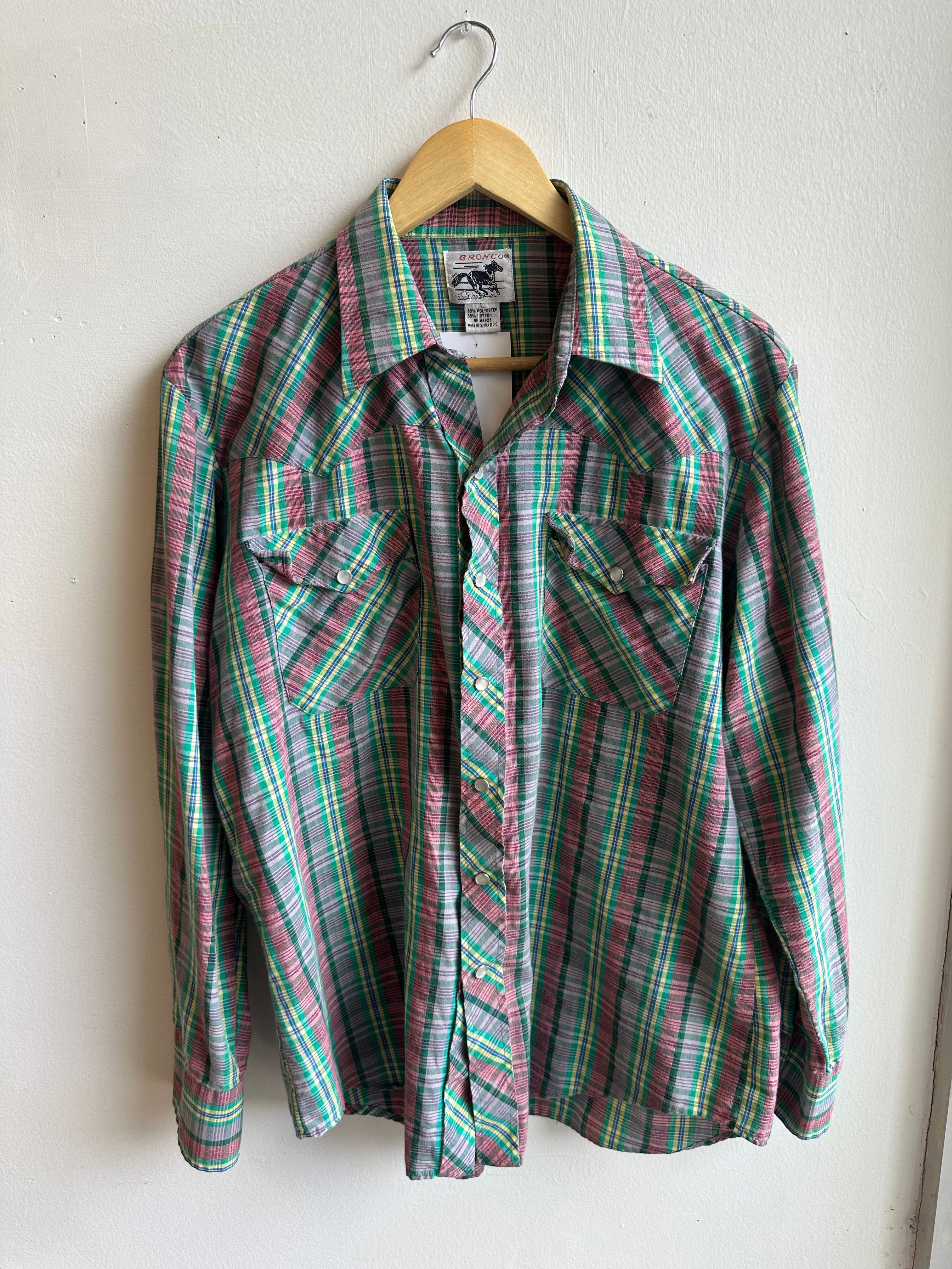 Vintage Bronco Plaid Western Snap Shirt | Size Large