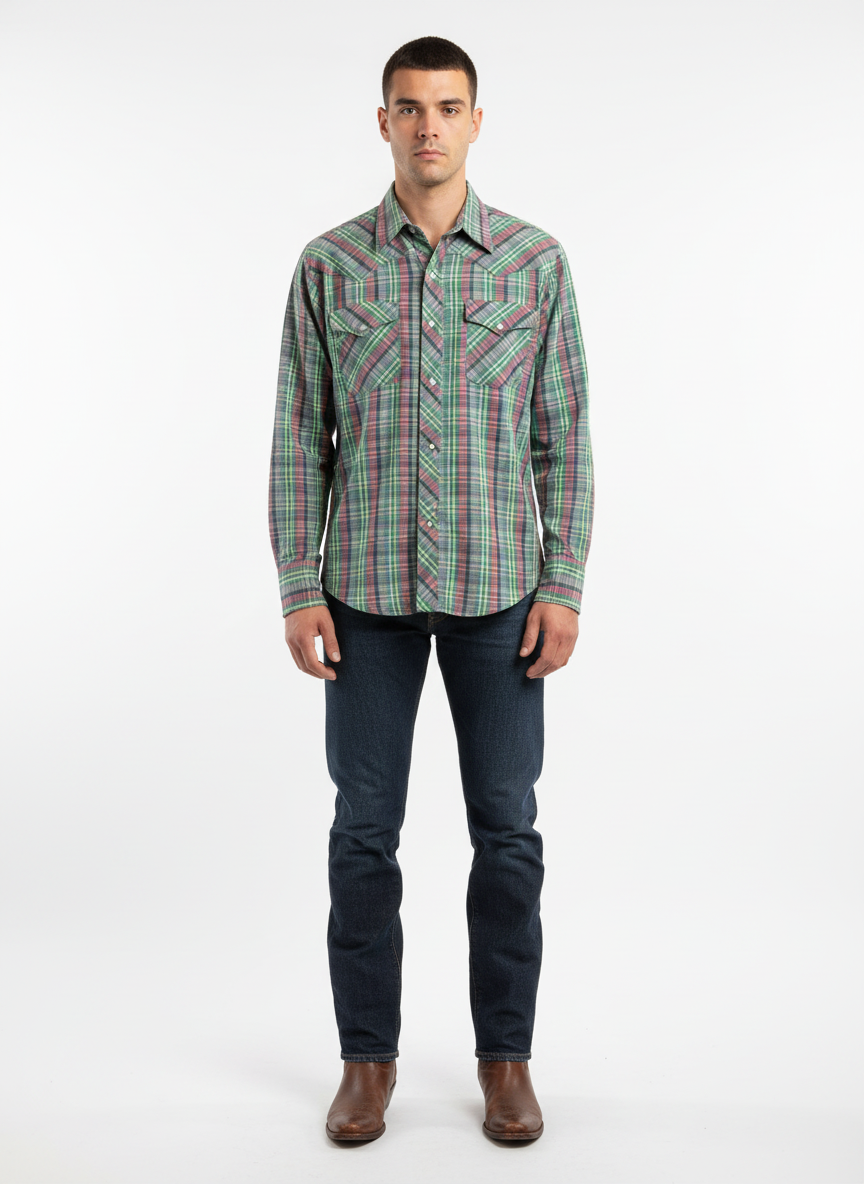 Vintage Bronco Plaid Western Snap Shirt | Size Large